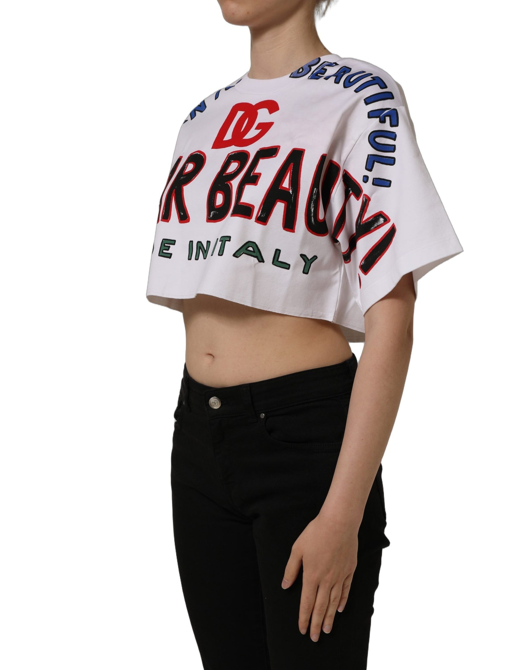 Dolce & Gabbana White Graphic Cotton Jersey Cropped T-shirt | Regal Royce