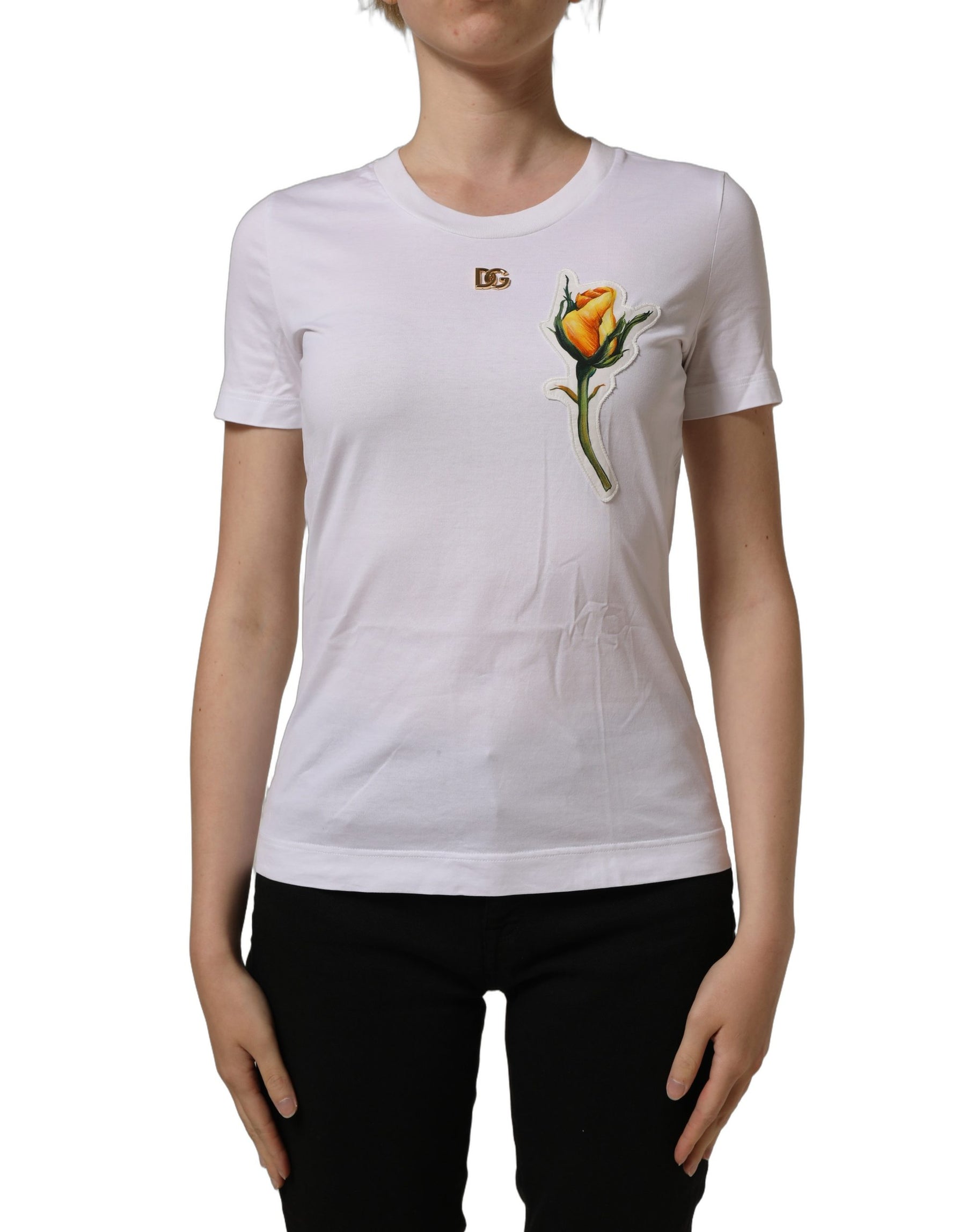 Dolce & Gabbana White Cotton Rose Patch Crew Neck T-shirt | Regal Royce