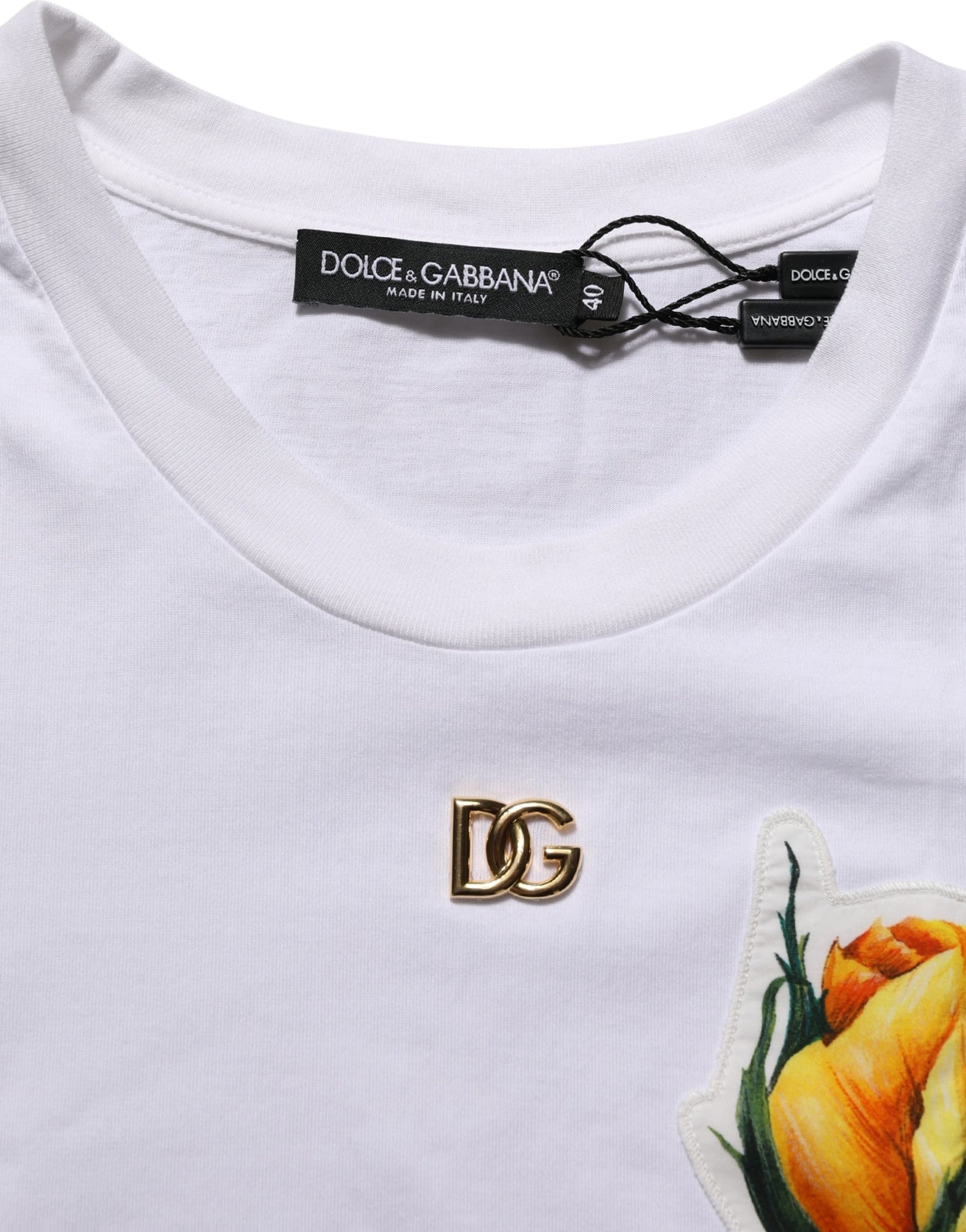 Dolce & Gabbana White Cotton Rose Patch Crew Neck T-shirt | Regal Royce