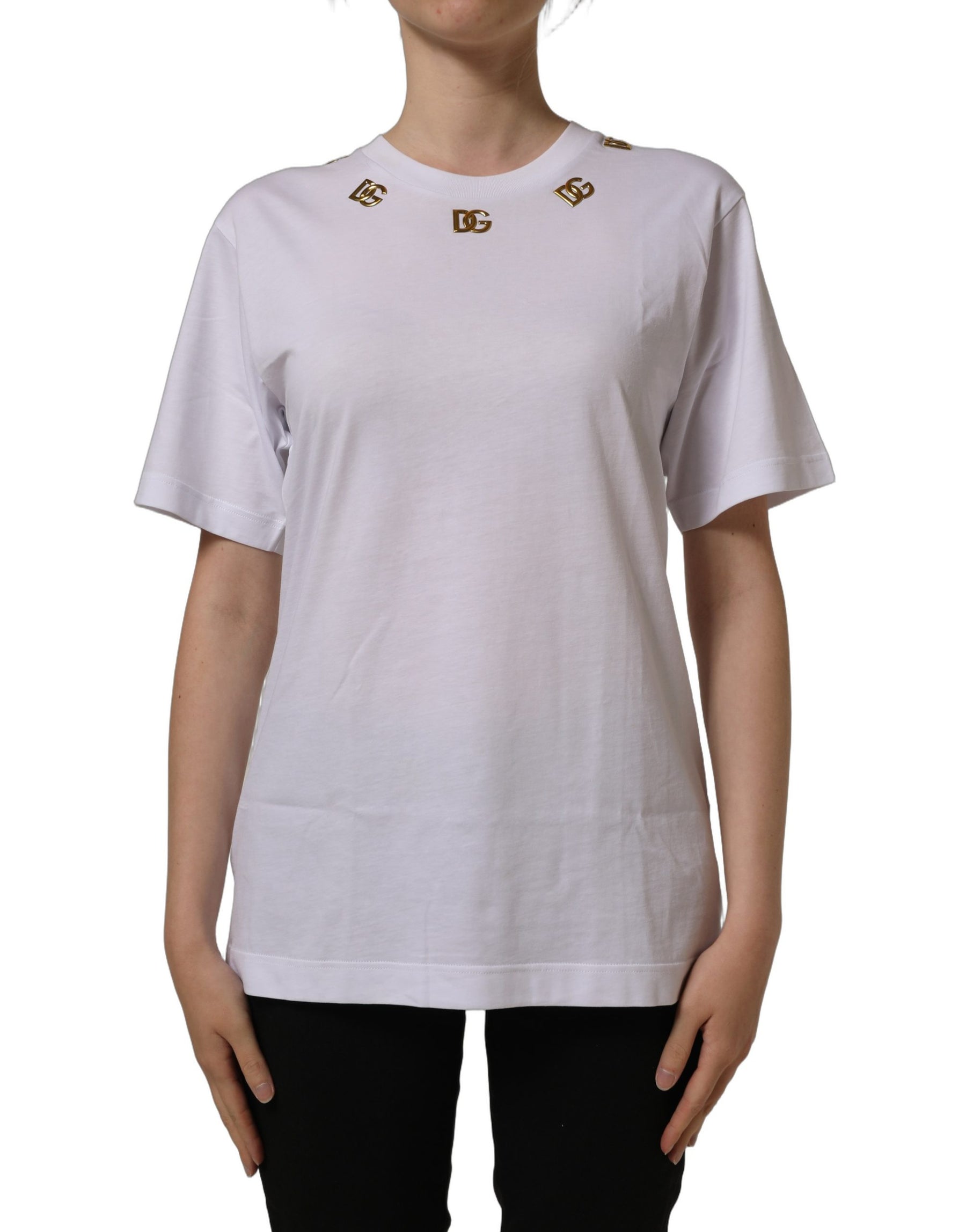 Dolce & Gabbana White Cotton Gold DG Logo Crew Neck T-shirt | Regal Royce