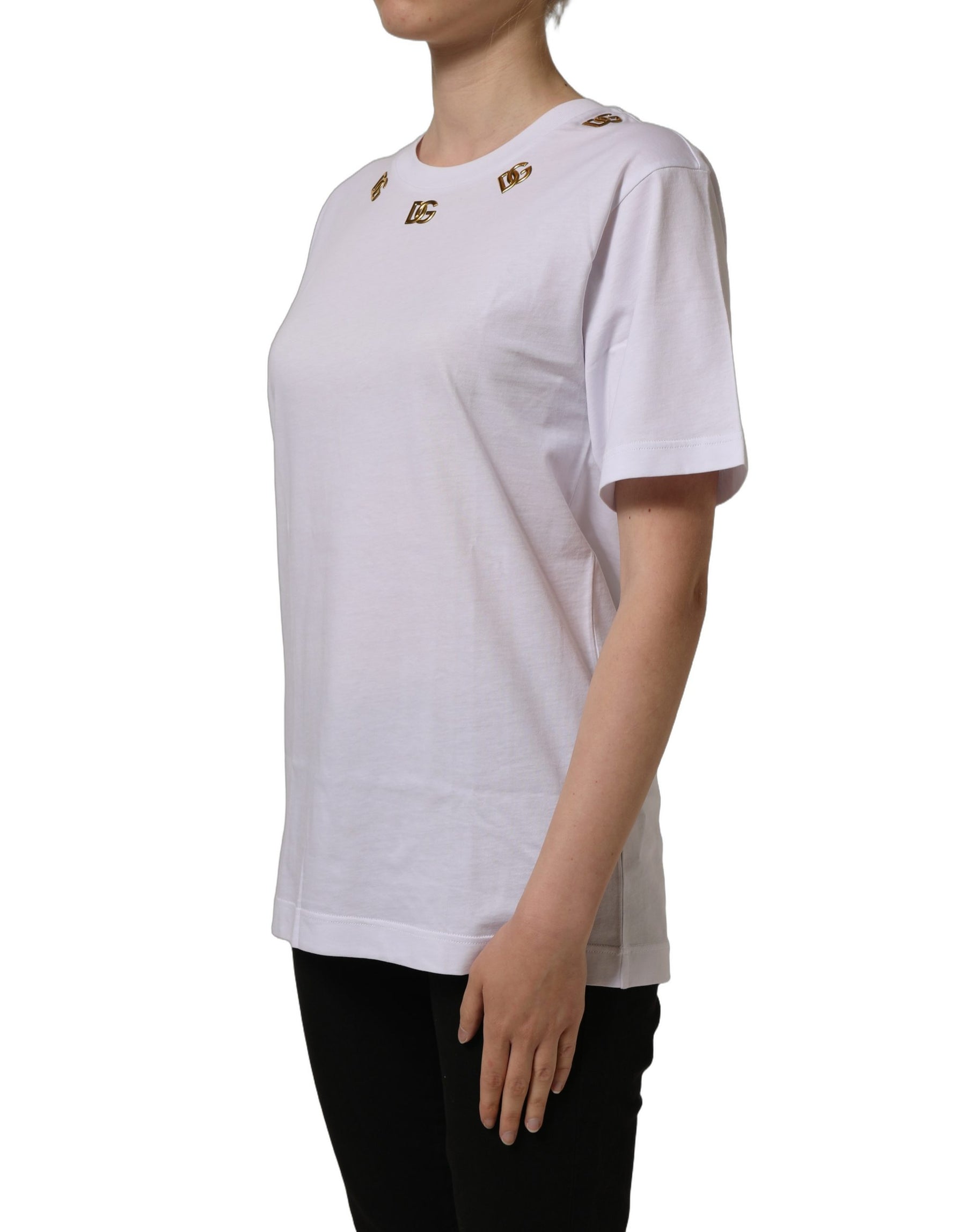 Dolce & Gabbana White Cotton Gold DG Logo Crew Neck T-shirt | Regal Royce
