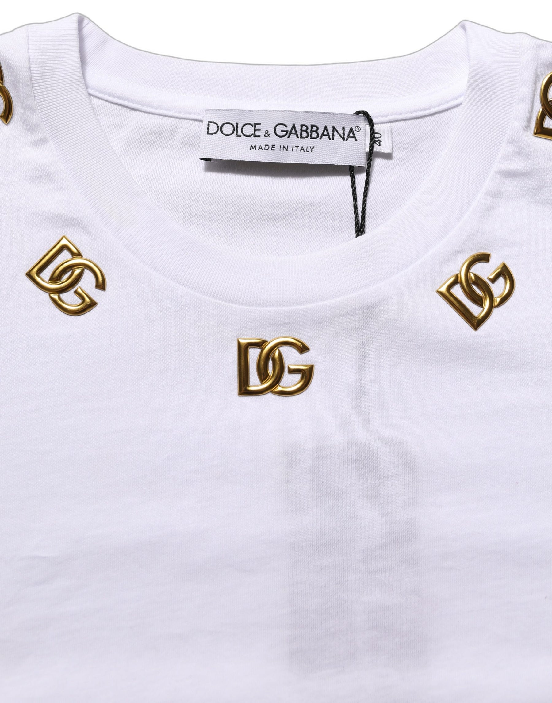 Dolce & Gabbana White Cotton Gold DG Logo Crew Neck T-shirt | Regal Royce