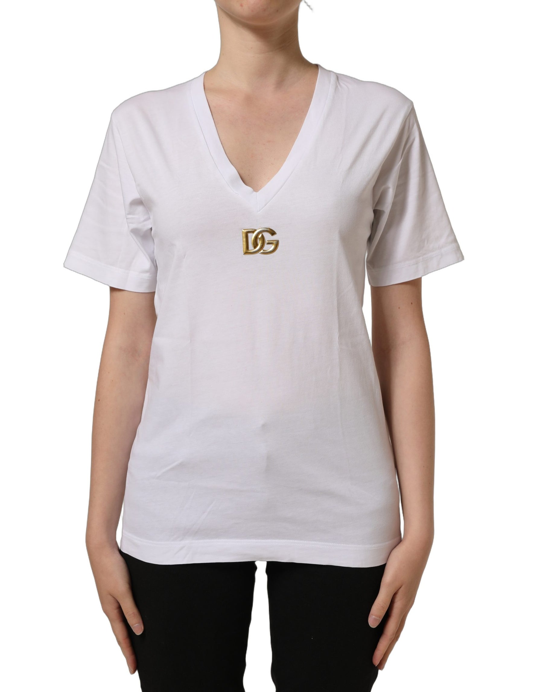 Dolce & Gabbana White Cotton Gold DG Logo V-Neck T-shirt | Regal Royce