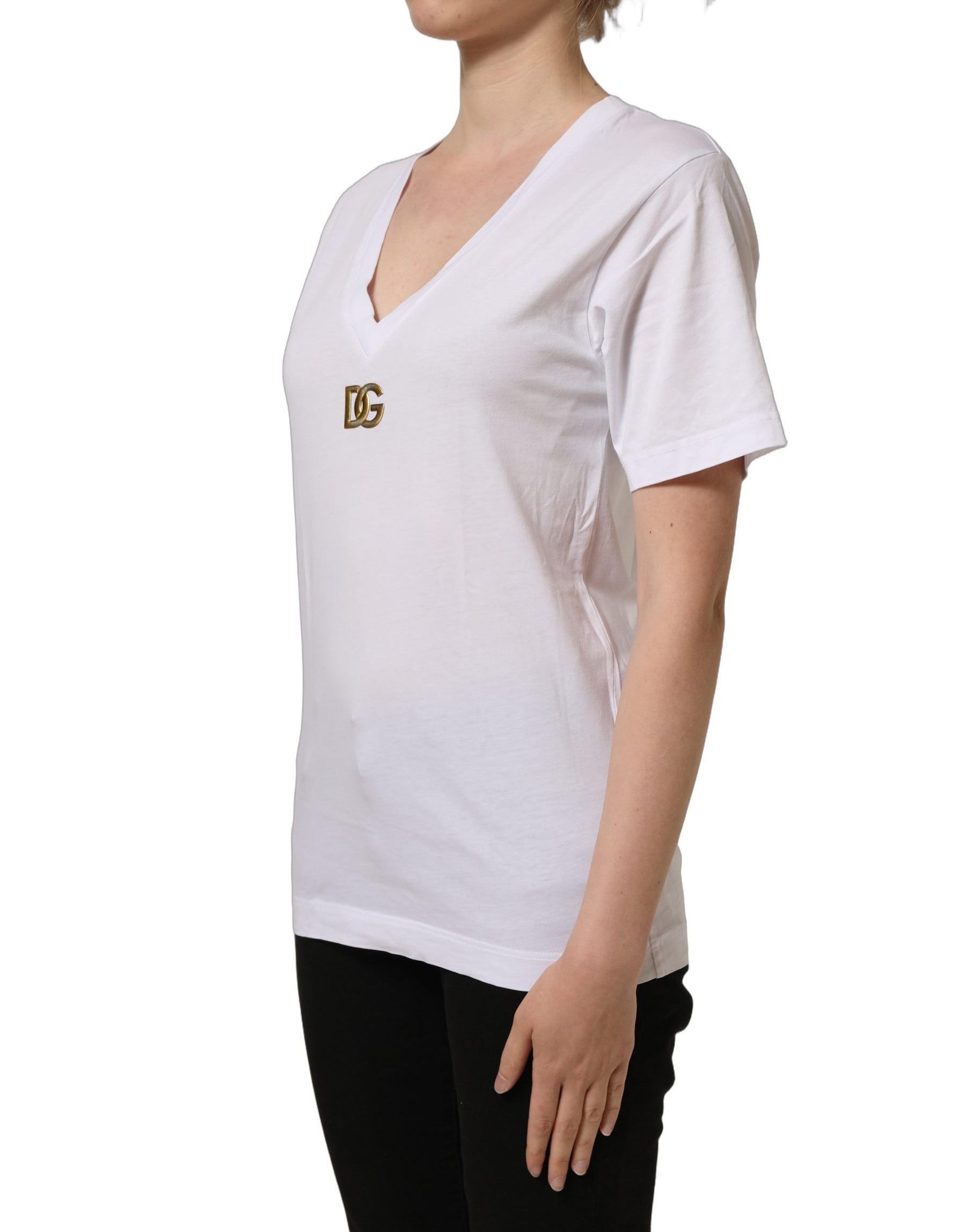 Dolce & Gabbana White Cotton Gold DG Logo V-Neck T-shirt | Regal Royce