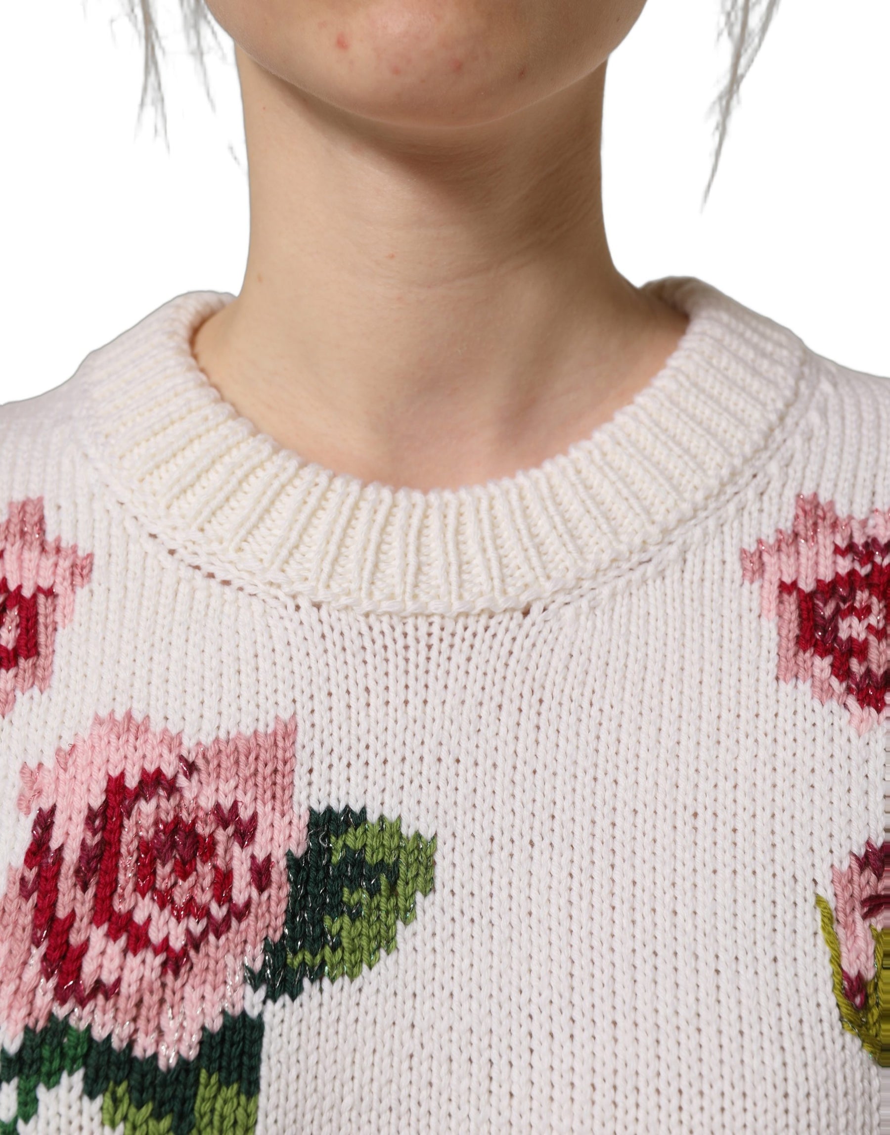 Dolce & Gabbana White Wool Floral Crew Neck Pullover Sweater | Regal Royce