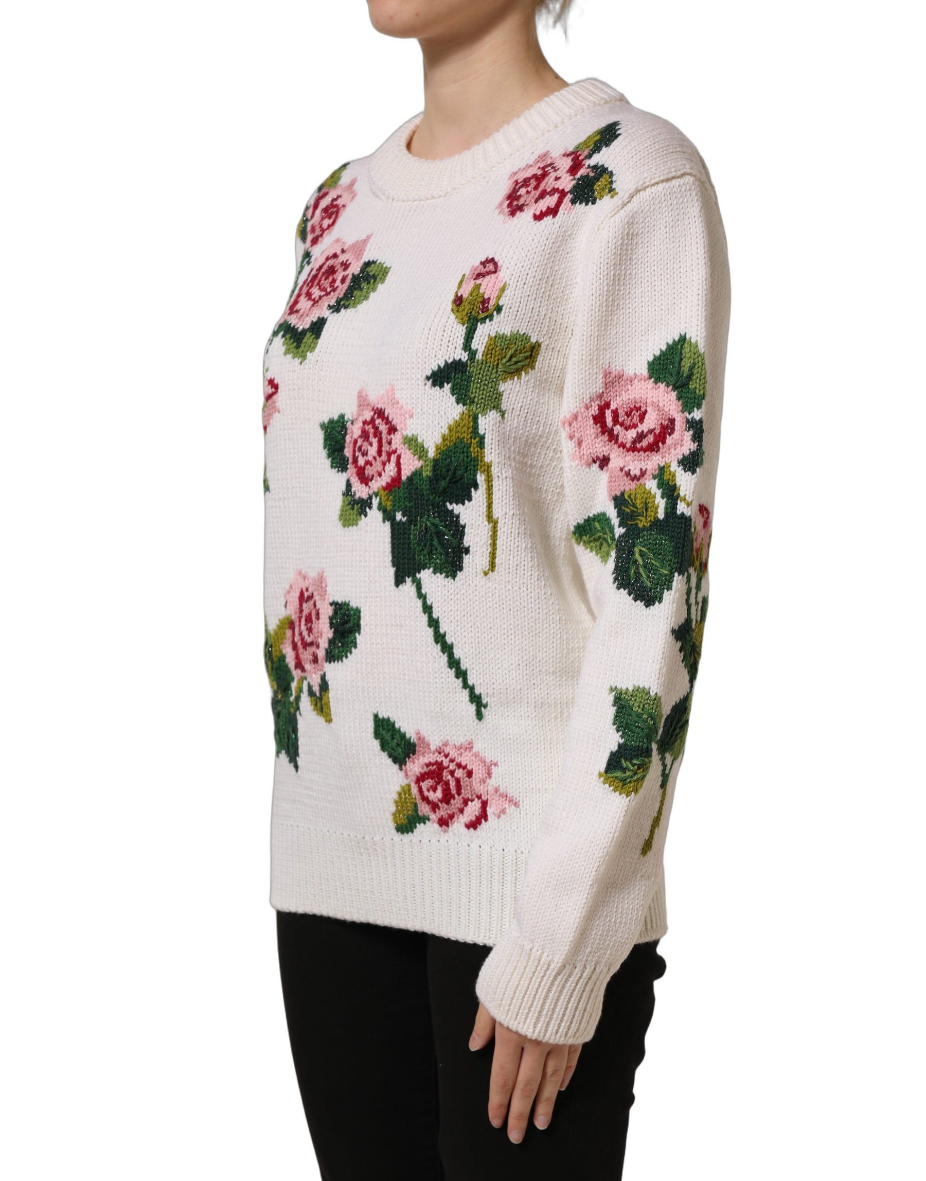 Dolce & Gabbana White Wool Floral Crew Neck Pullover Sweater | Regal Royce