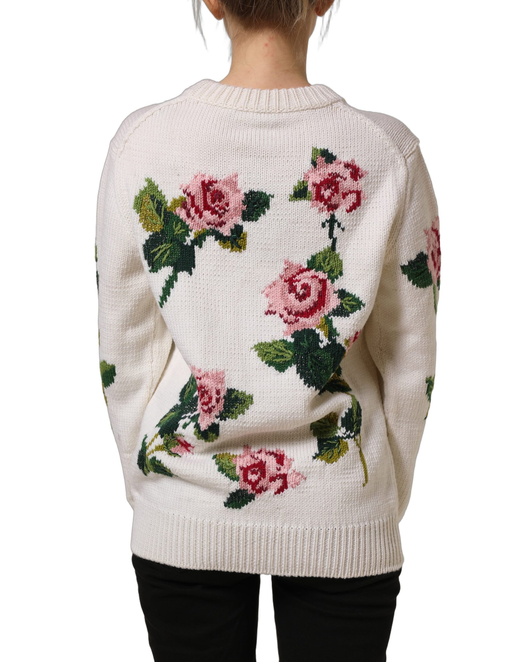 Dolce & Gabbana White Wool Floral Crew Neck Pullover Sweater | Regal Royce
