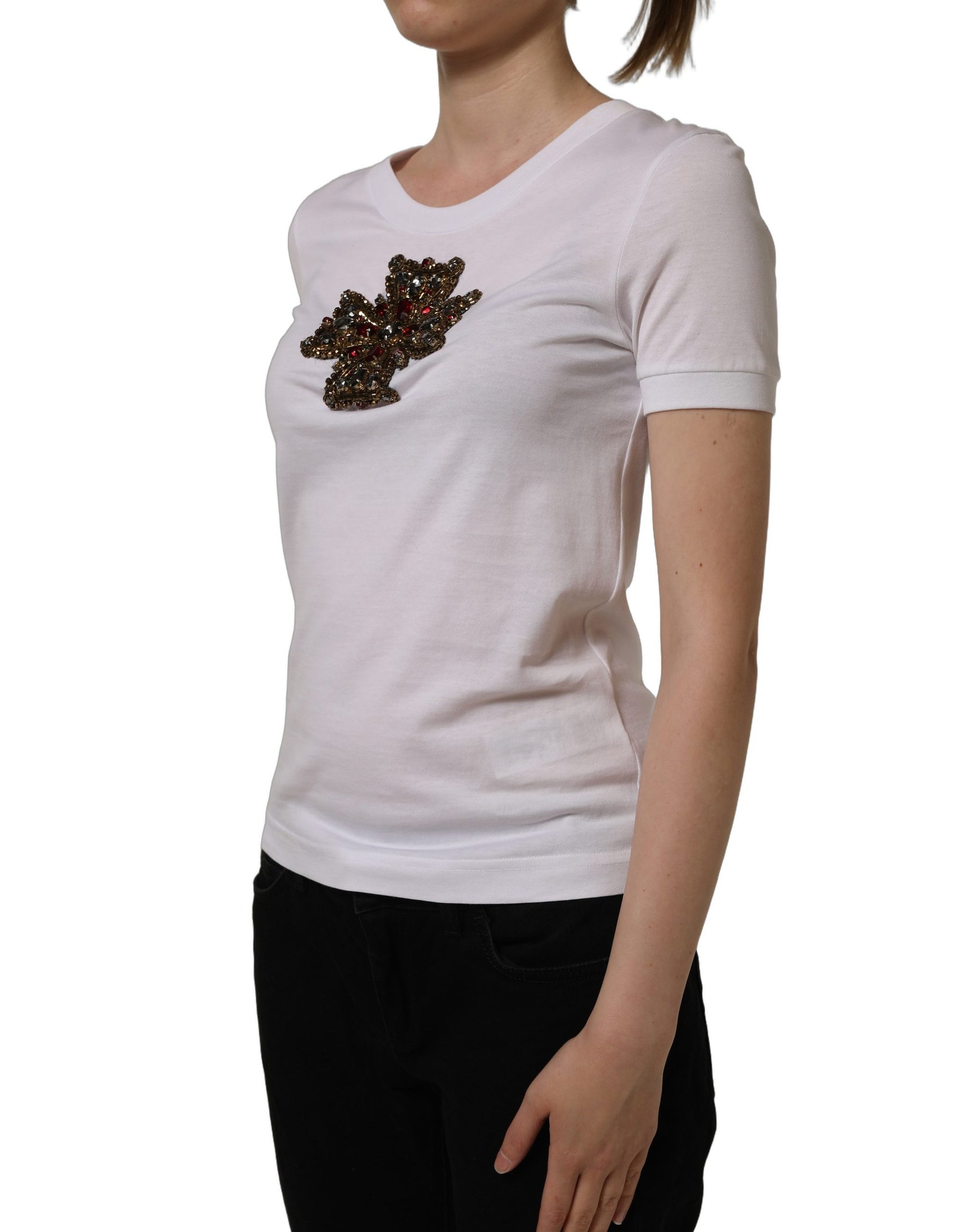 Dolce & Gabbana White Crystal Embellished Cross Top T-shirt | Regal Royce