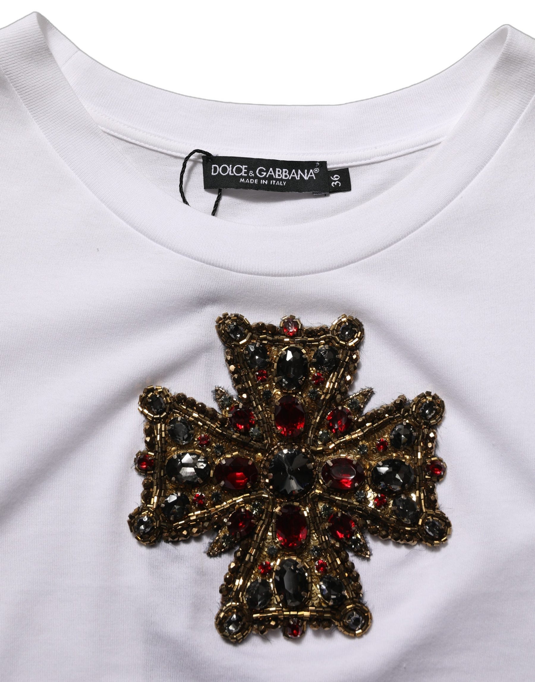 Dolce & Gabbana White Crystal Embellished Cross Top T-shirt | Regal Royce