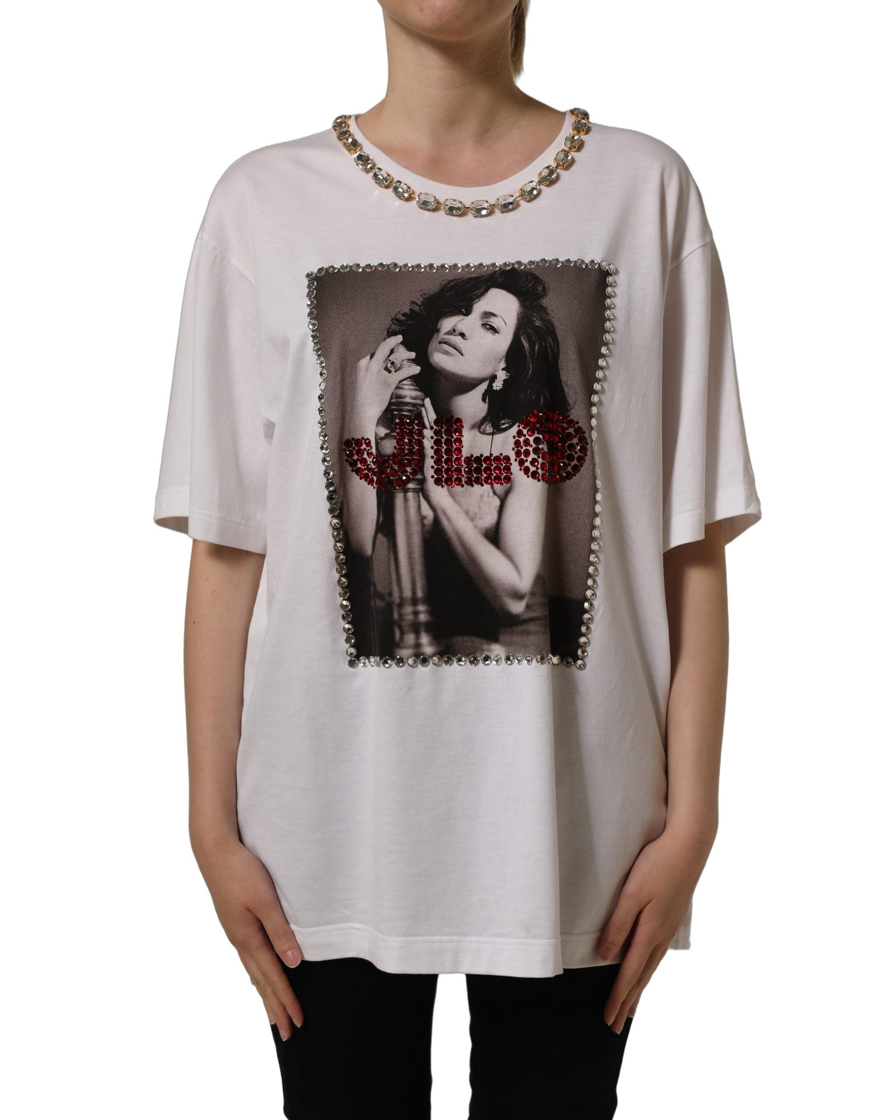 Dolce & Gabbana White Printed Jeweled Round Neck T-shirt | Regal Royce