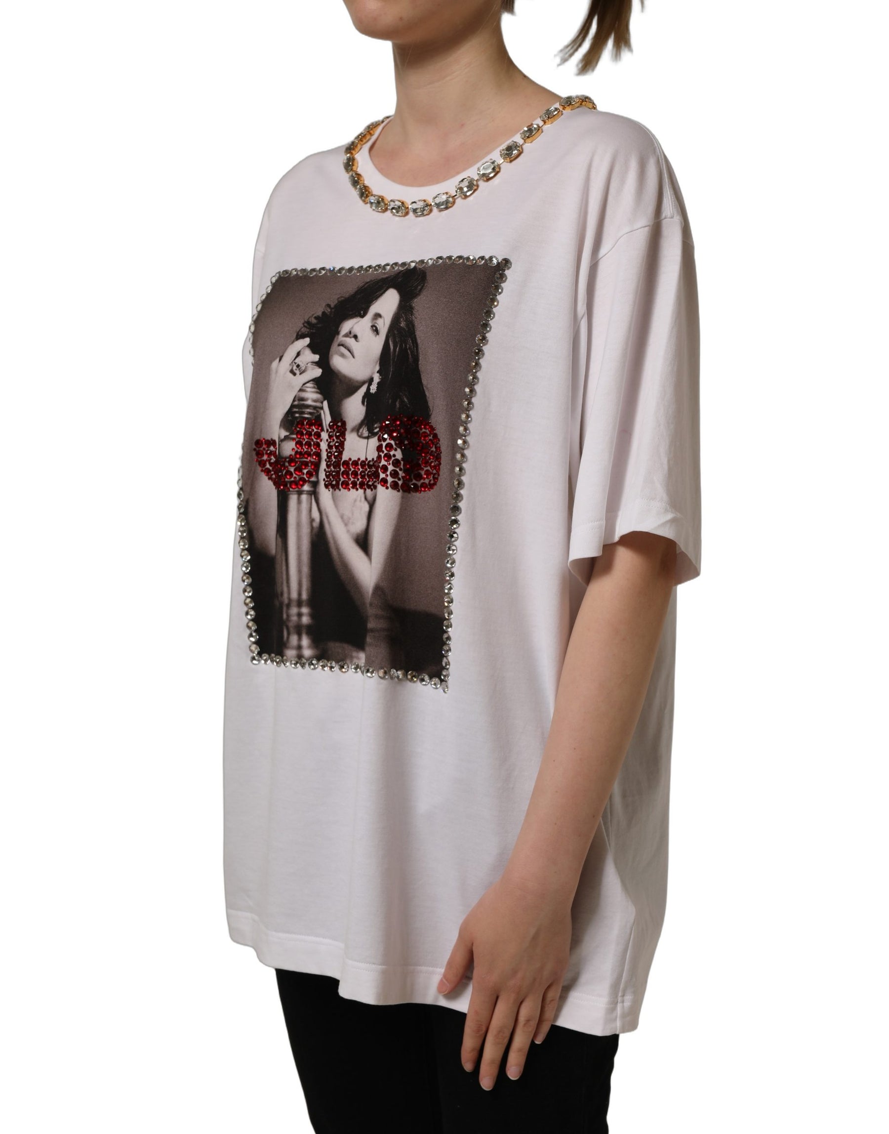Dolce & Gabbana White Printed Jeweled Round Neck T-shirt | Regal Royce