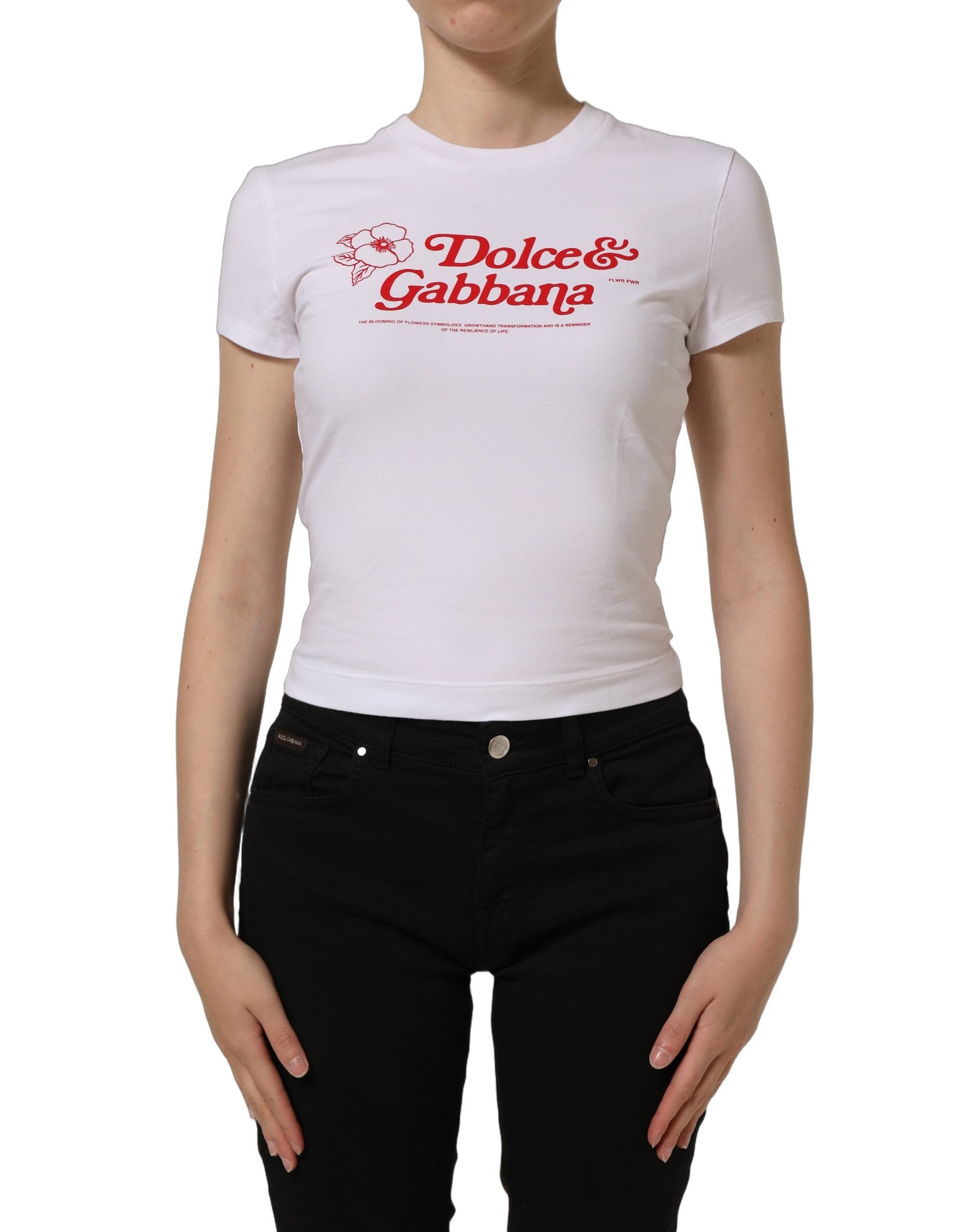 Dolce & Gabbana White Floral Logo Print Crew Neck T-shirt | Regal Royce
