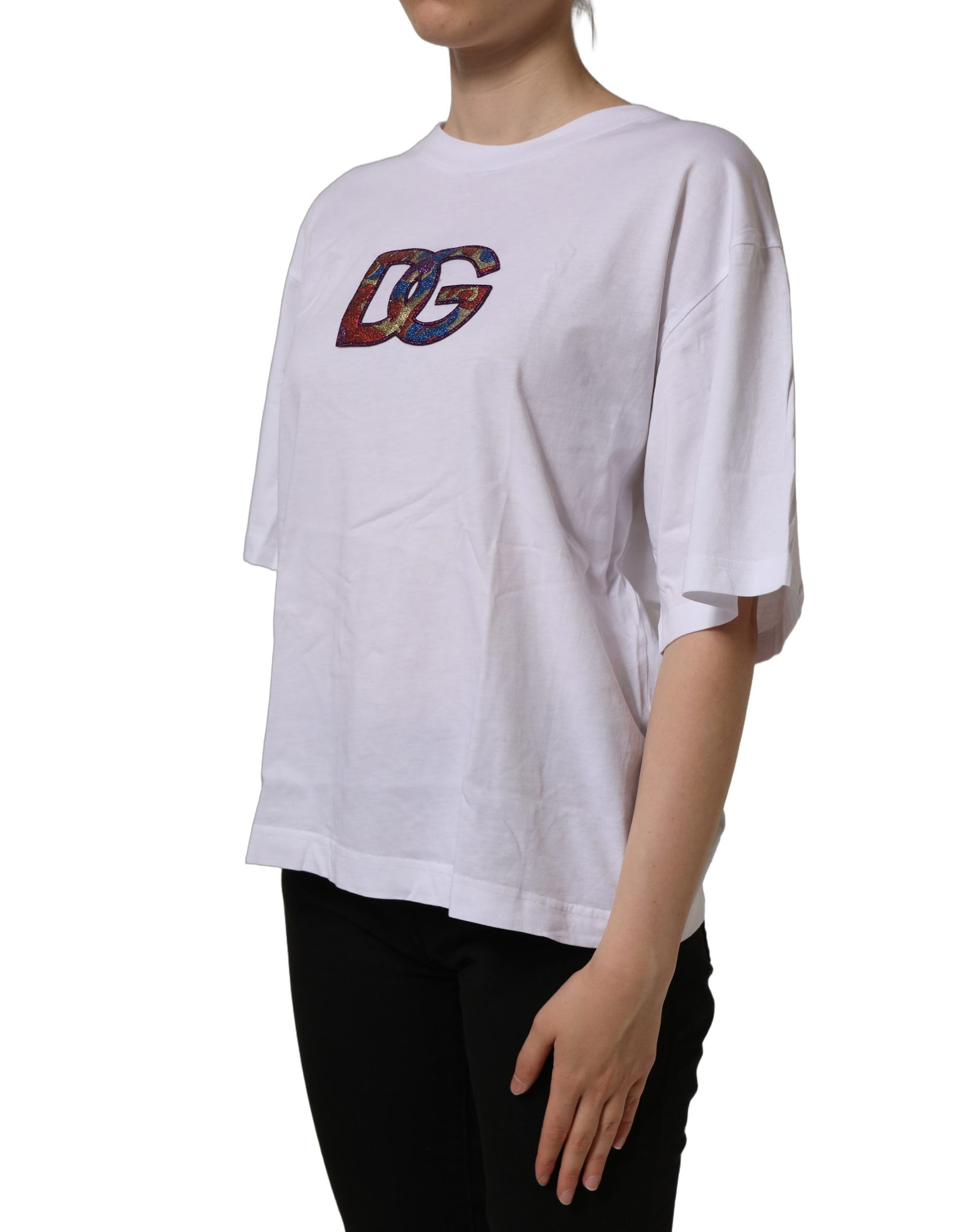 Dolce & Gabbana White Logo Patch Cotton Crew Neck T-shirt | Regal Royce