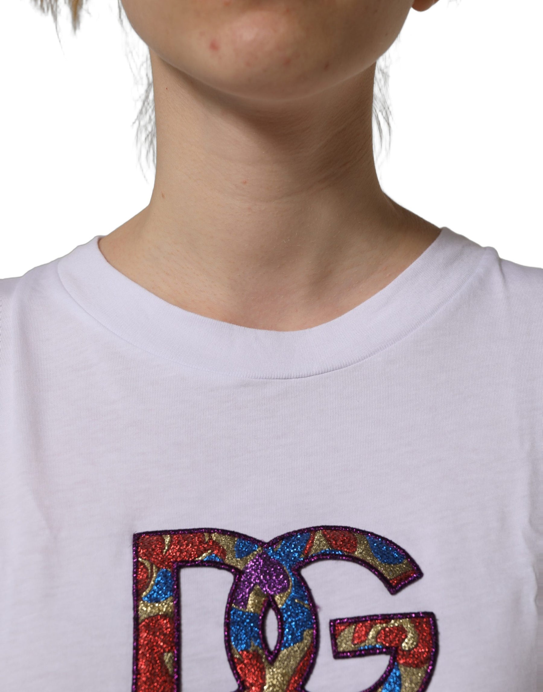 Dolce & Gabbana White Logo Patch Cotton Crew Neck T-shirt | Regal Royce