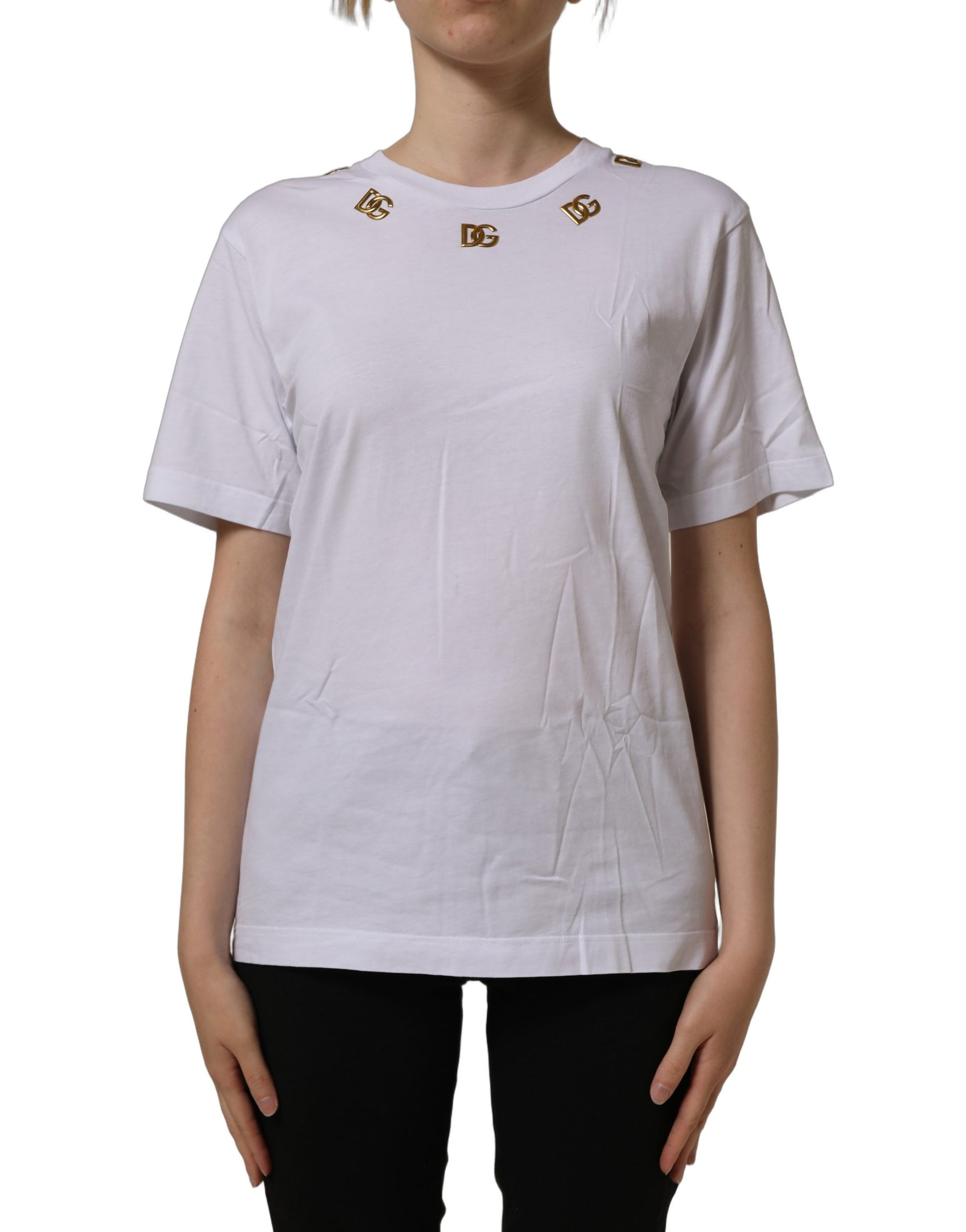 Dolce & Gabbana White Cotton Gold DG Logo Crew Neck T-shirt | Regal Royce