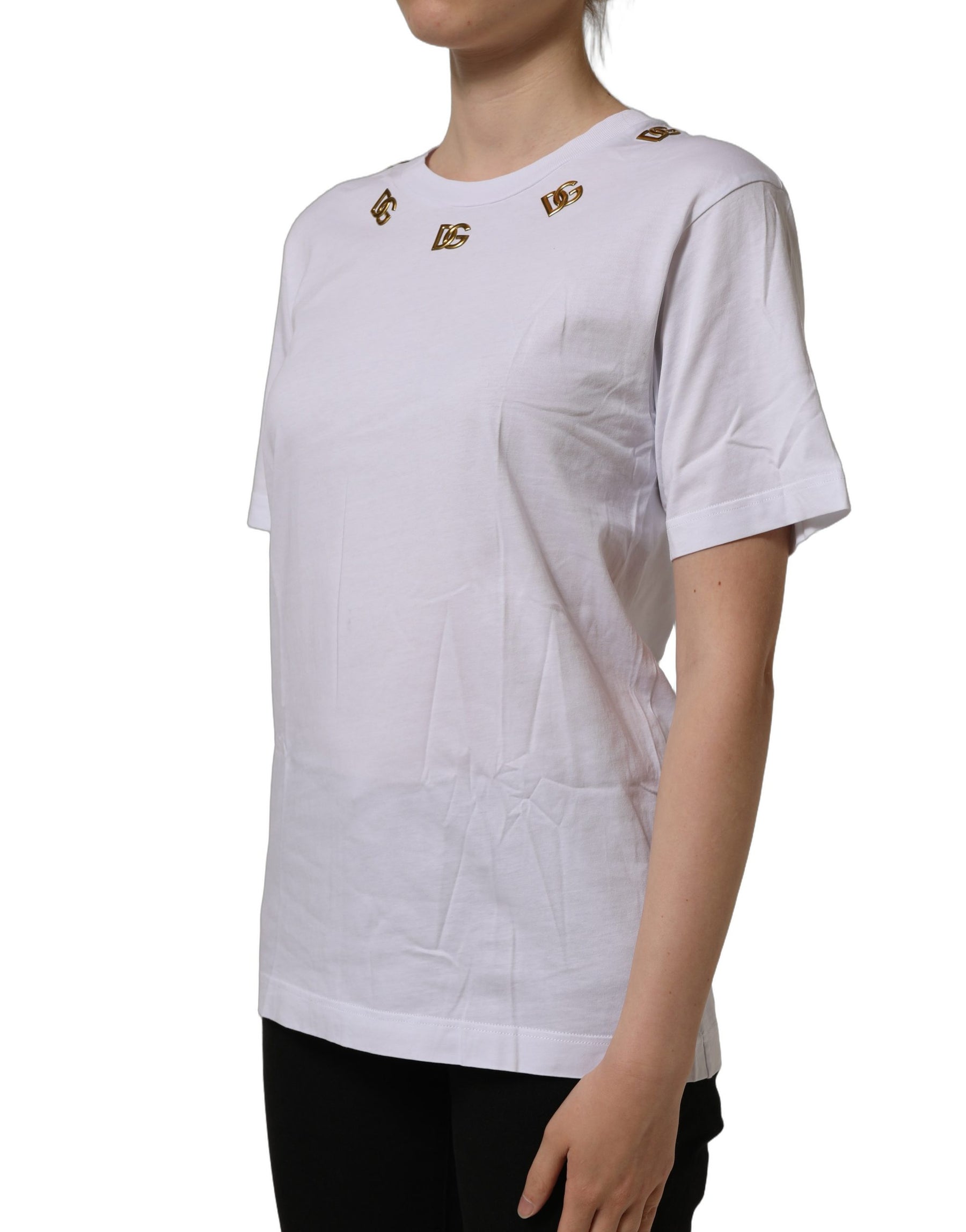 Dolce & Gabbana White Cotton Gold DG Logo Crew Neck T-shirt | Regal Royce