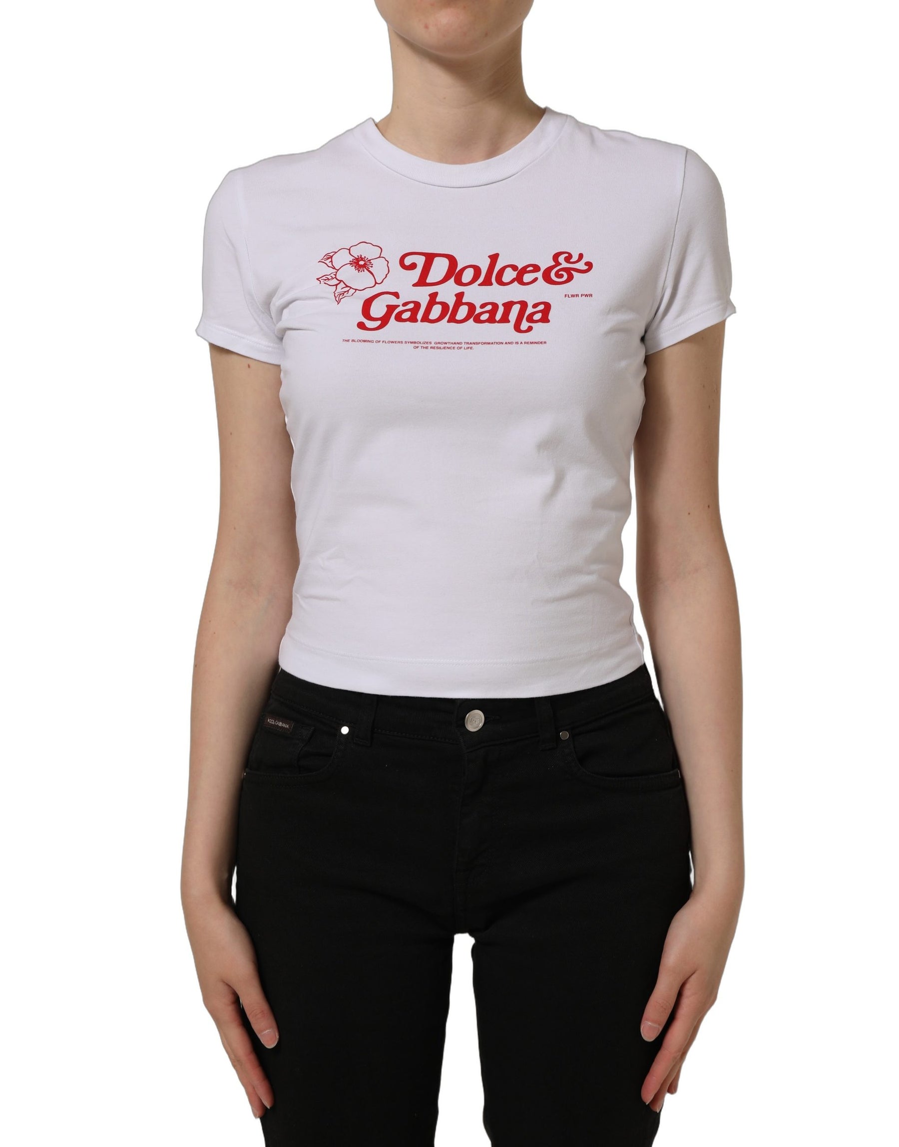 Dolce & Gabbana White Floral Logo Print Crew Neck T-shirt | Regal Royce