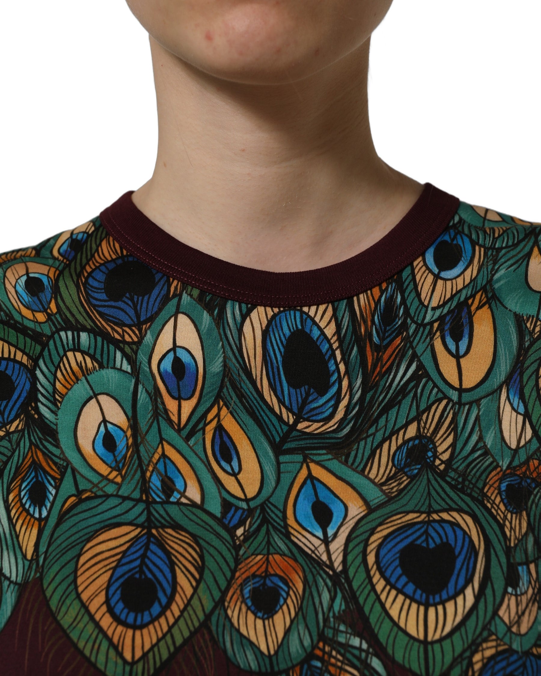 Dolce & Gabbana Burgundy Peacock Feather Round Neck T-shirt | Regal Royce