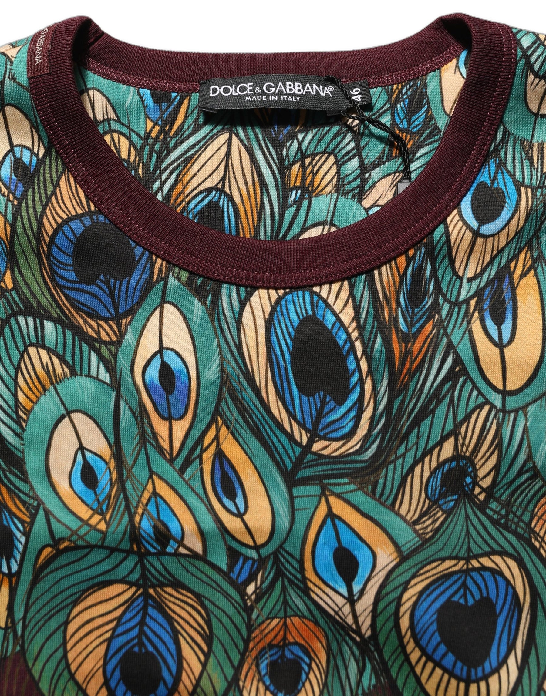 Dolce & Gabbana Burgundy Peacock Feather Round Neck T-shirt | Regal Royce