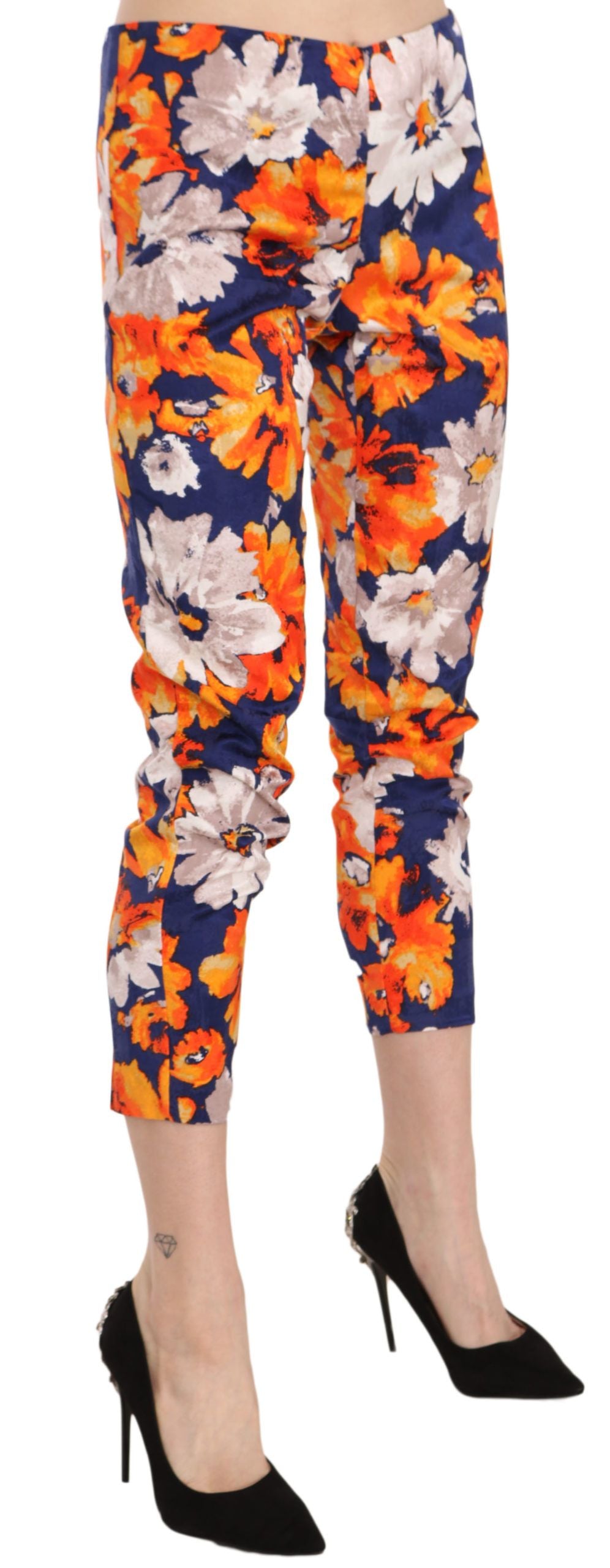 LANACAPRINA Blue Floral Print Skinny Slim Fit Trousers Pants | Regal Royce
