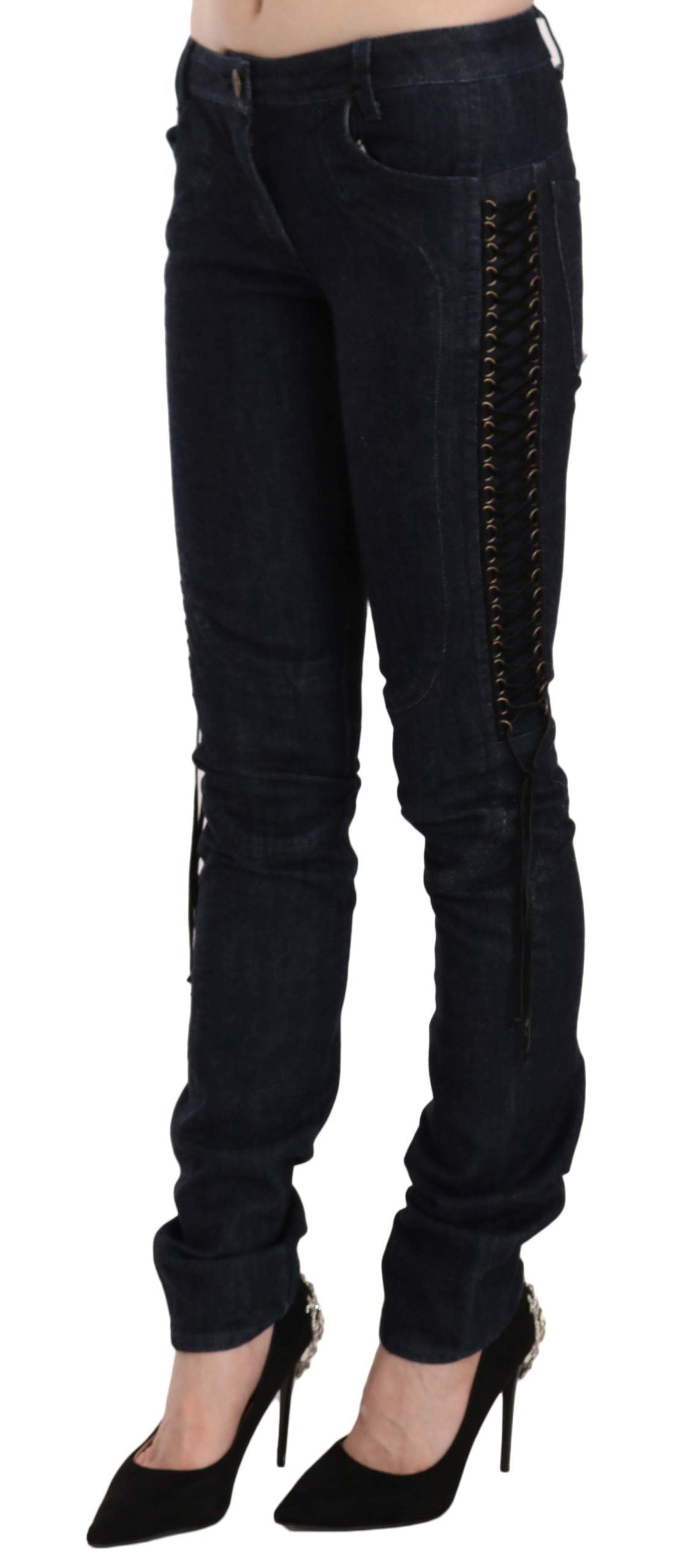 Just Cavalli Blue Low Waist Skinny Trousers Braided String Pants | Regal Royce