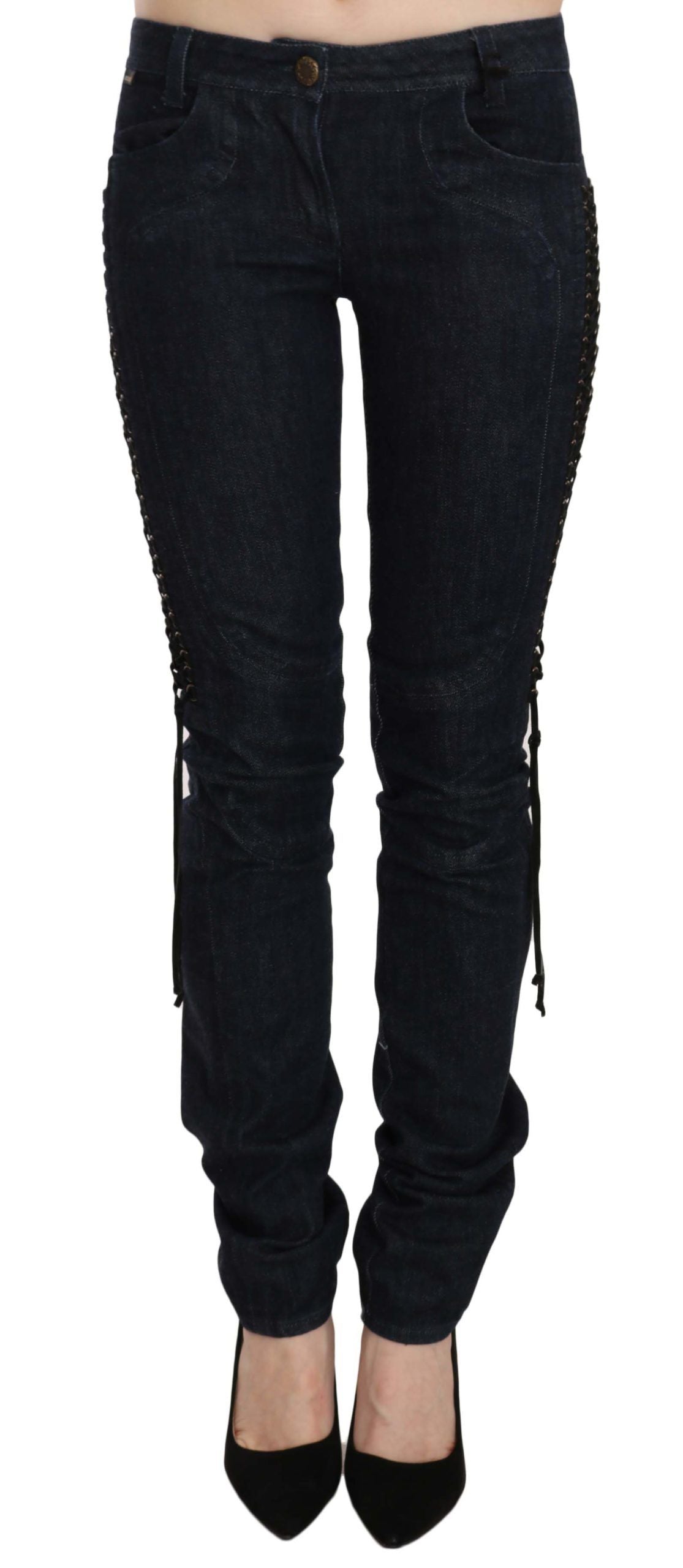 Just Cavalli Blue Low Waist Skinny Trousers Braided String Pants | Regal Royce