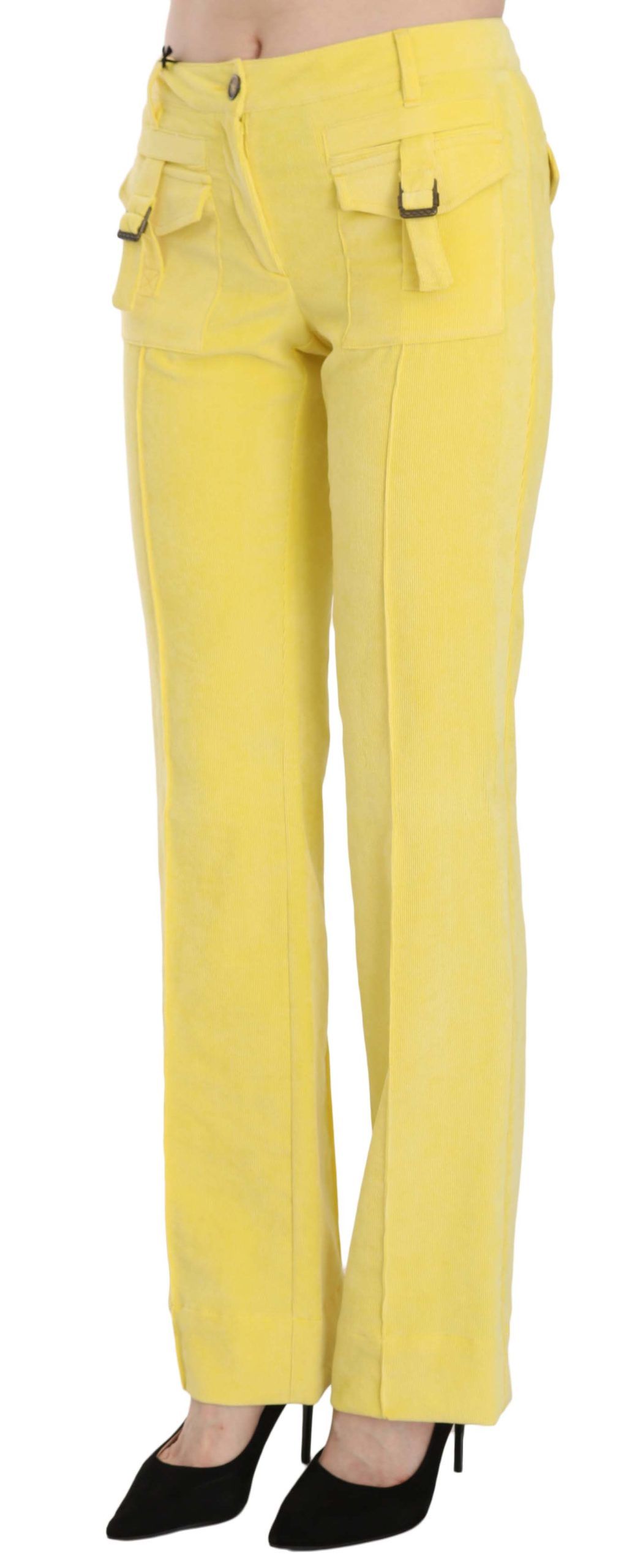 Just Cavalli Yellow Corduroy Mid Waist Straight Trousers Pants | Regal Royce