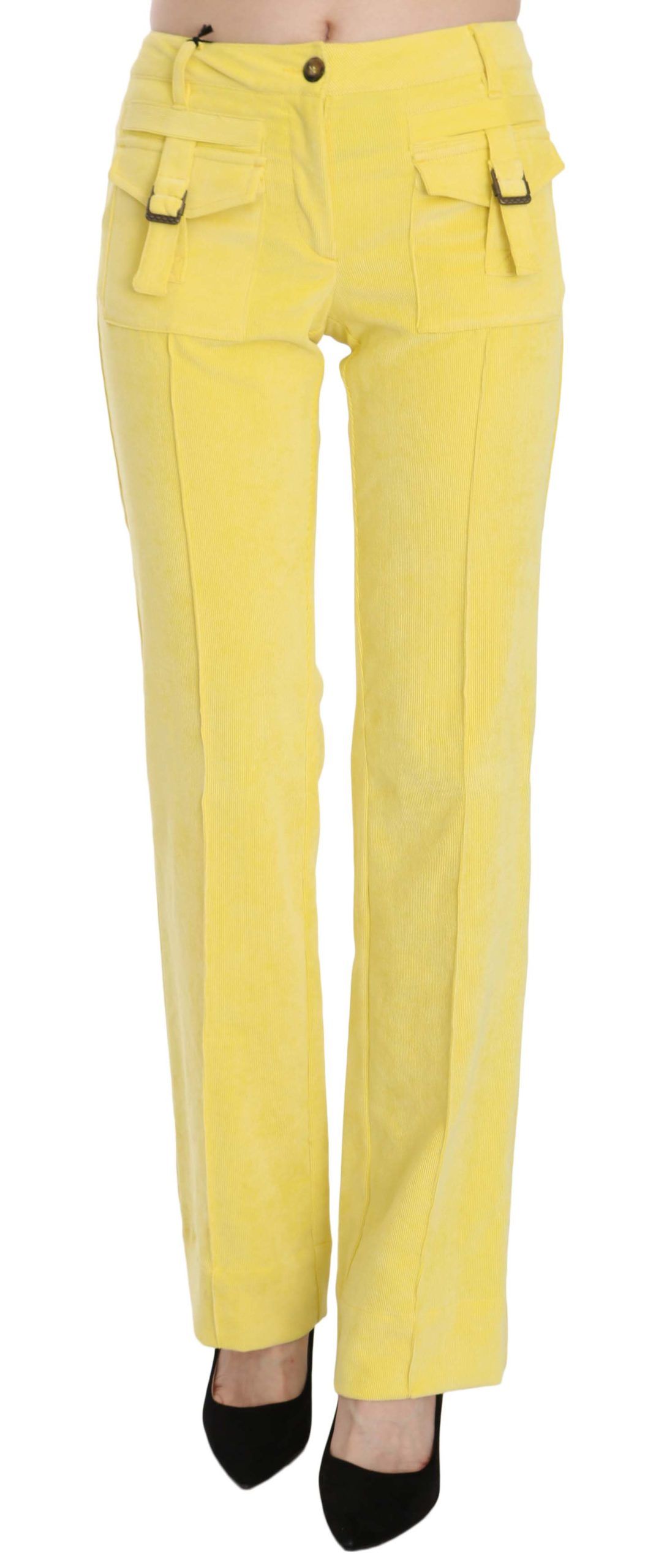 Just Cavalli Yellow Corduroy Mid Waist Straight Trousers Pants | Regal Royce