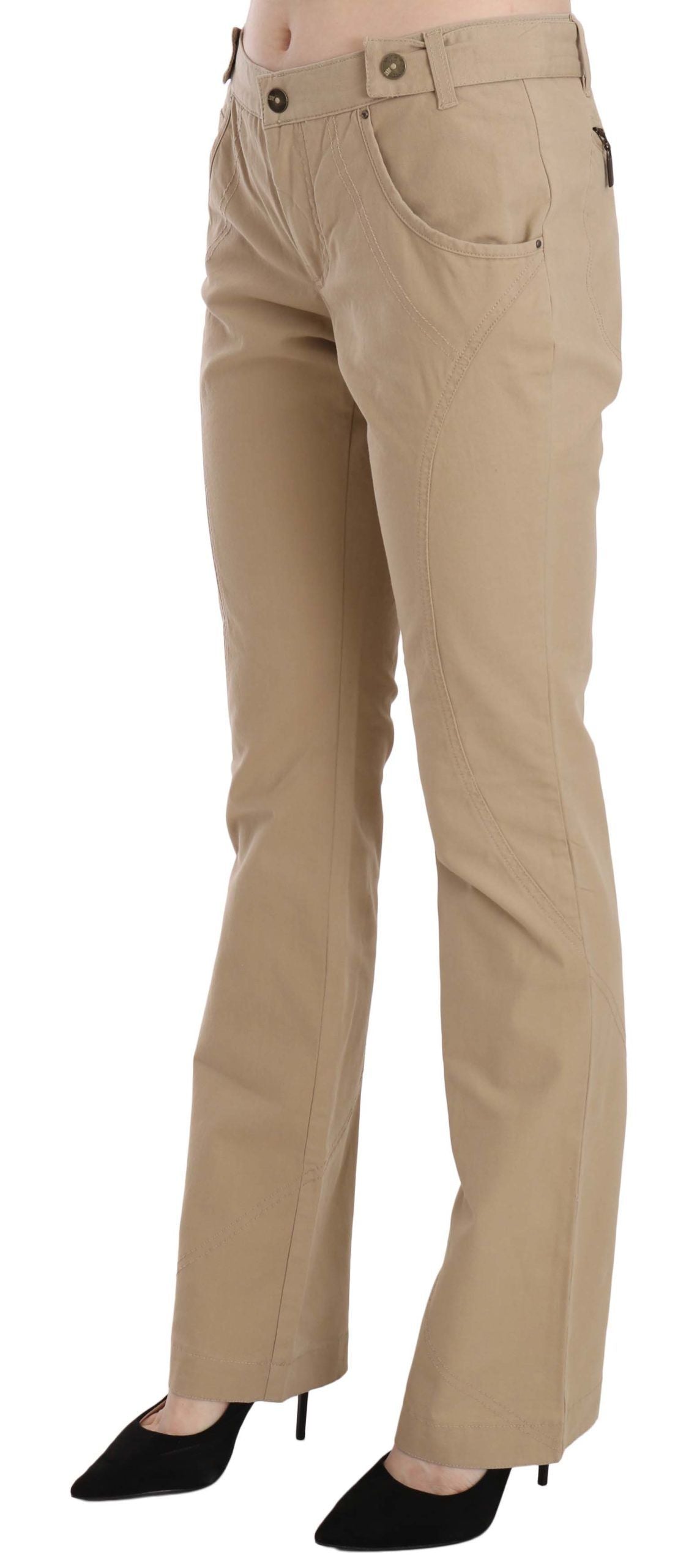Just Cavalli Beige Cotton Mid Waist Straight Trousers Pants | Regal Royce