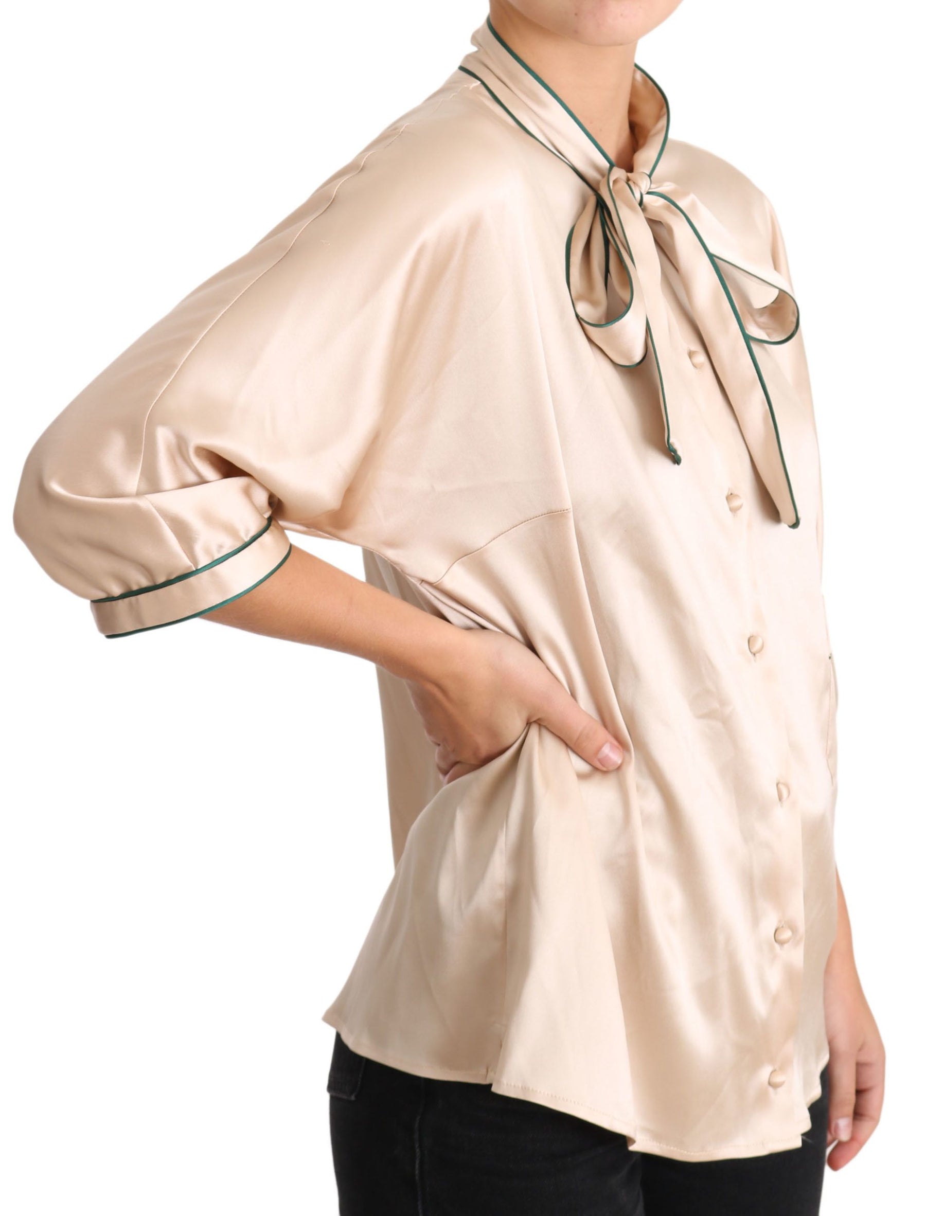 Dolce & Gabbana Beige Ribbon Silk Stretch Top Blouse | Regal Royce