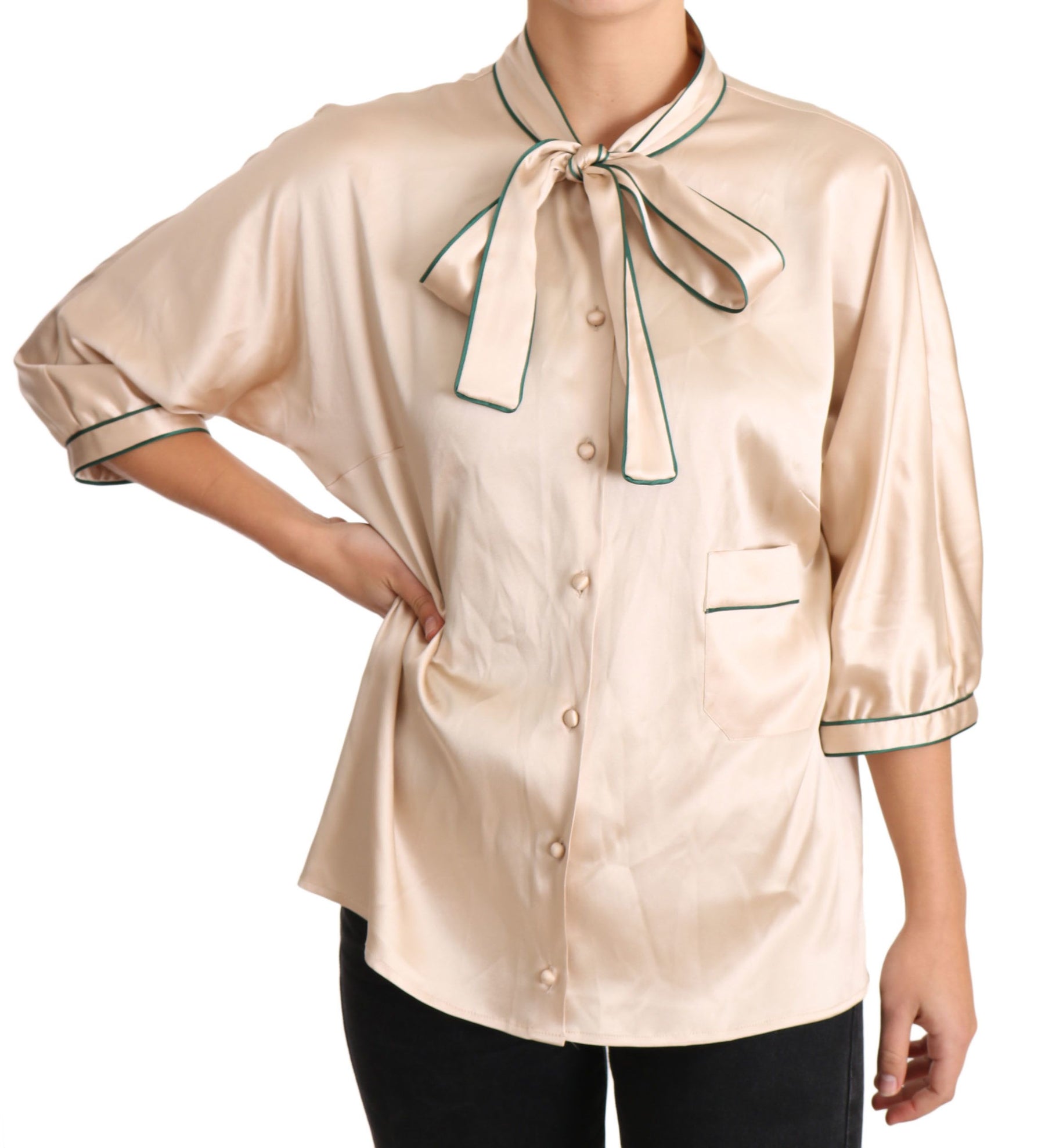 Dolce & Gabbana Beige Ribbon Silk Stretch Top Blouse | Regal Royce