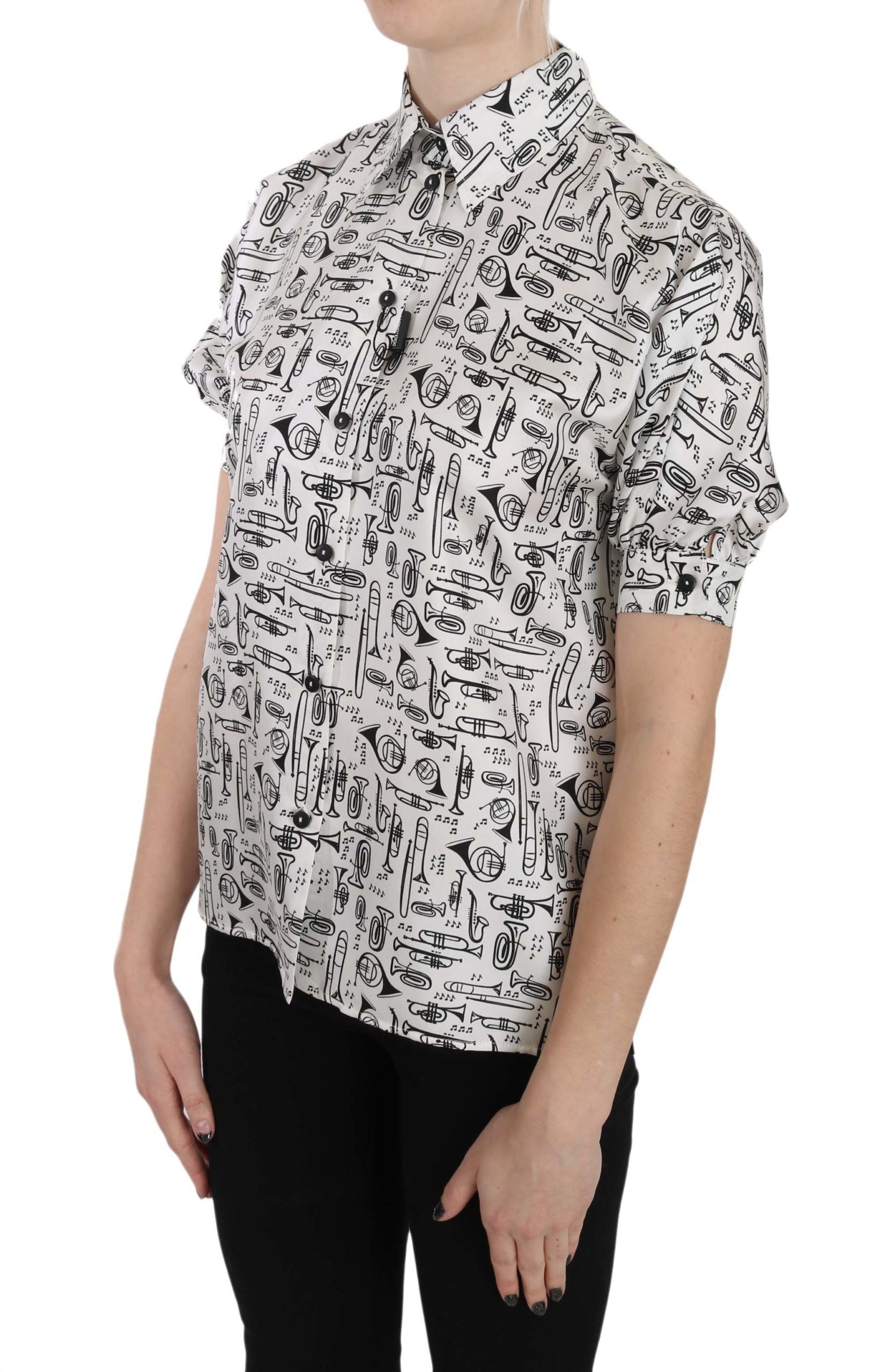 Dolce & Gabbana Trumpet Print Button Front Silk Top Blouse | Regal Royce