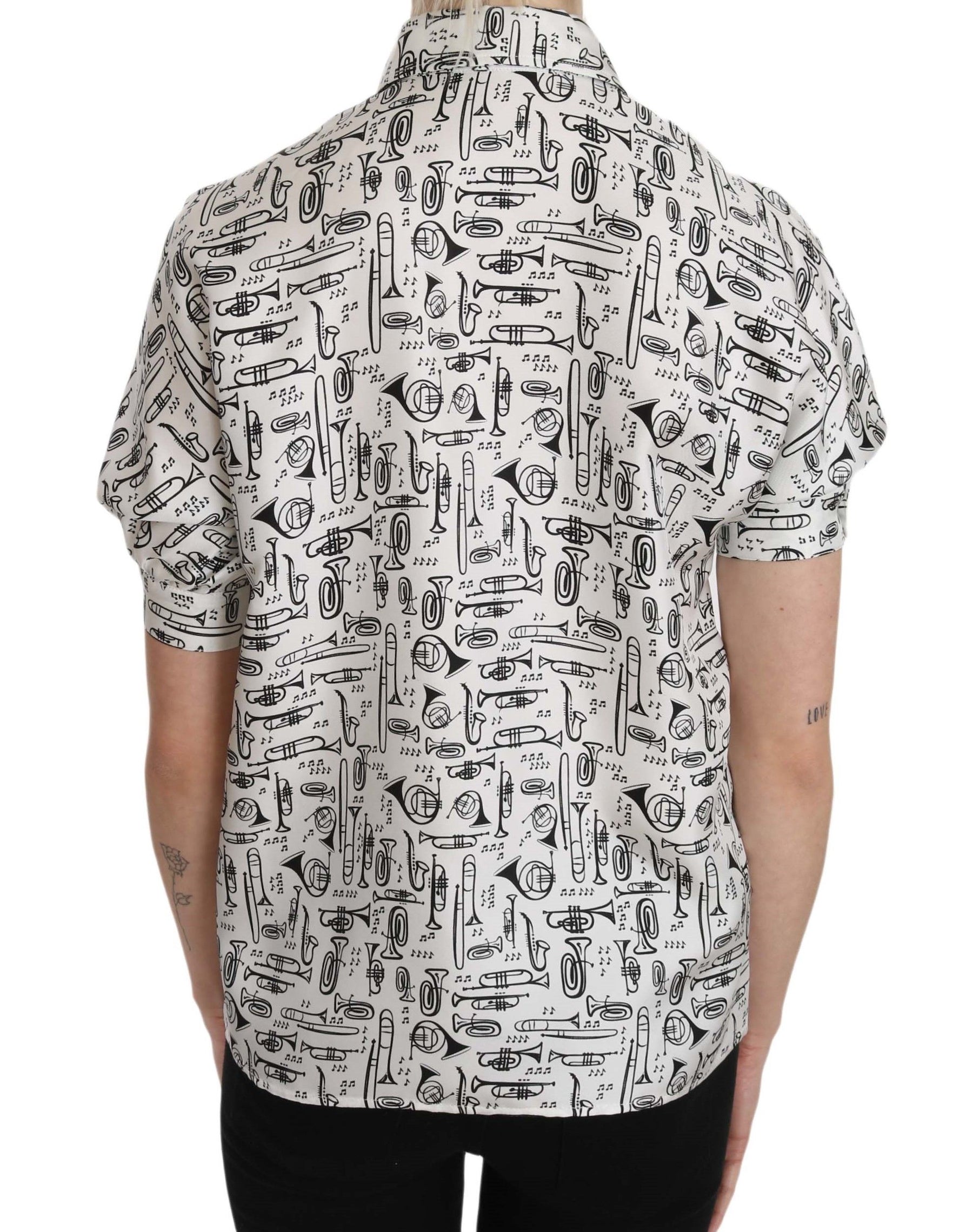 Dolce & Gabbana Trumpet Print Button Front Silk Top Blouse | Regal Royce