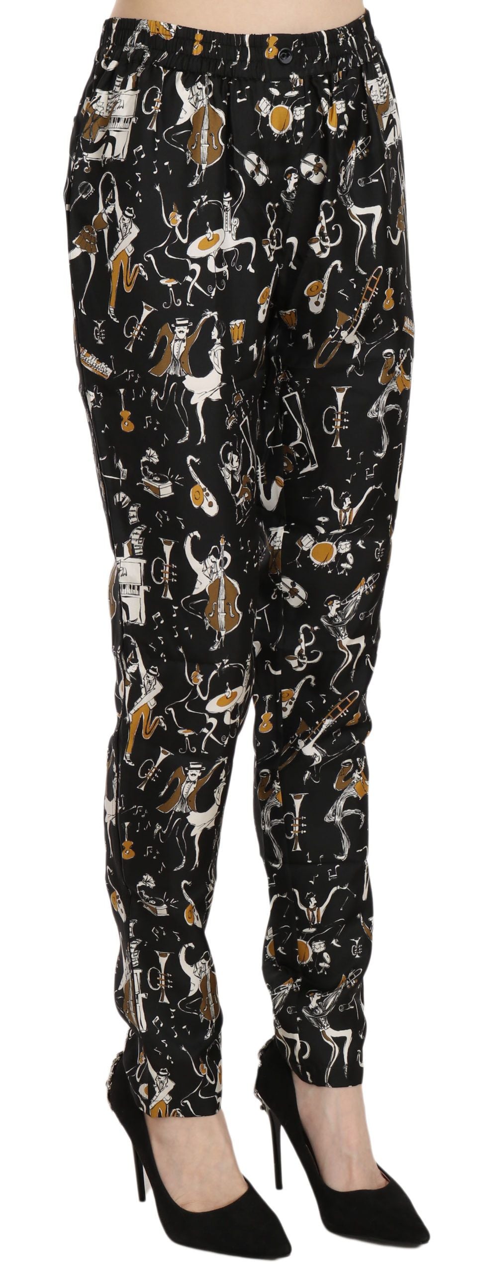 Dolce & Gabbana Black Jazz Club Print High Waist Tapered Pants | Regal Royce