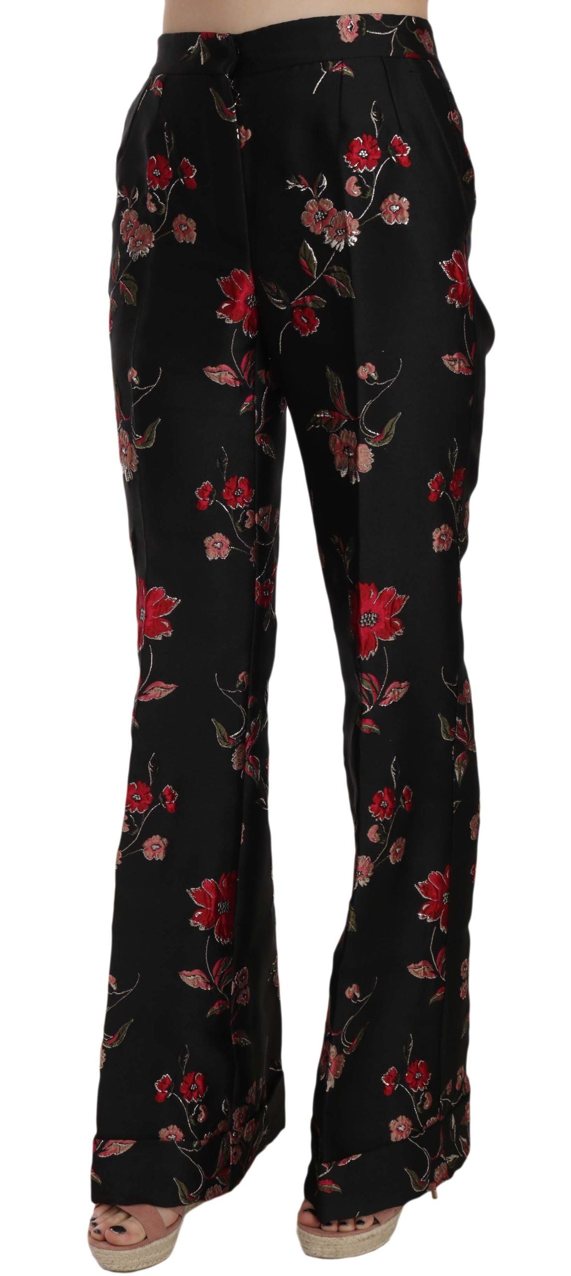 Dolce & Gabbana Floral Print Black Boot Cut Trouser Pants | Regal Royce