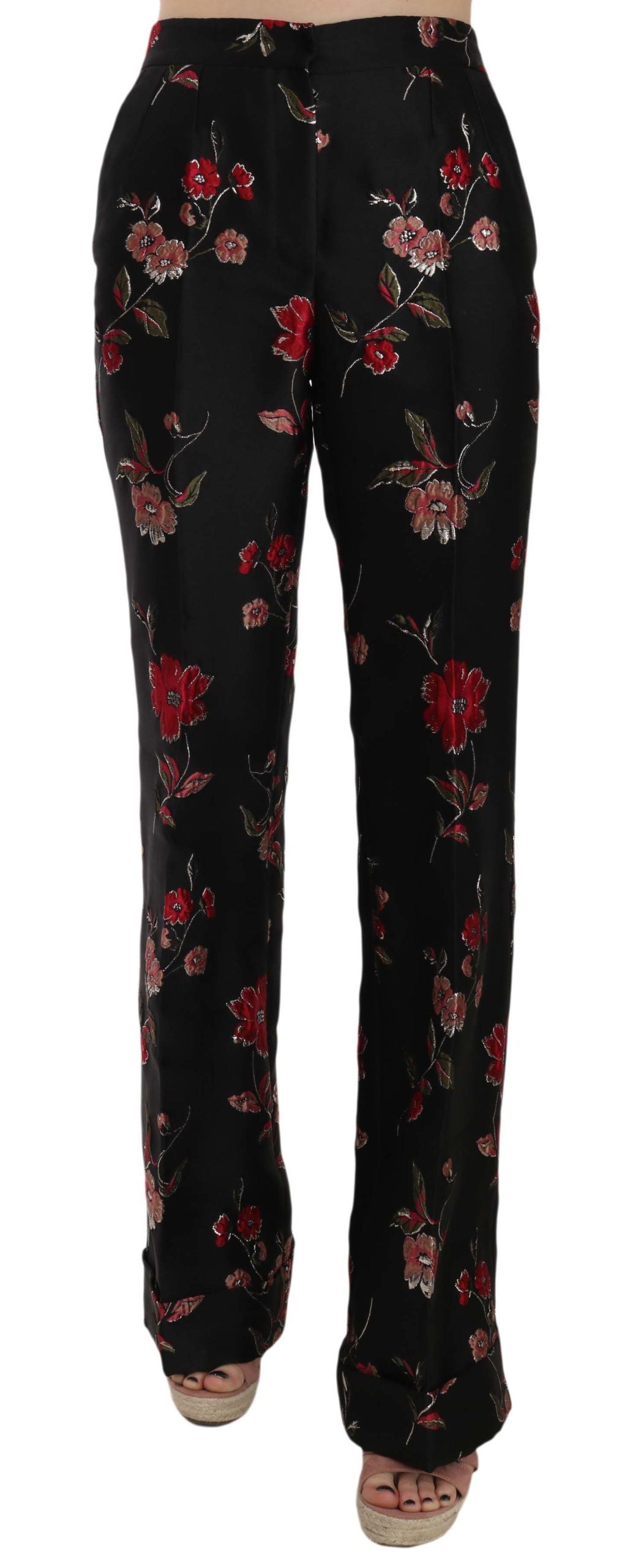 Dolce & Gabbana Floral Print Black Boot Cut Trouser Pants | Regal Royce