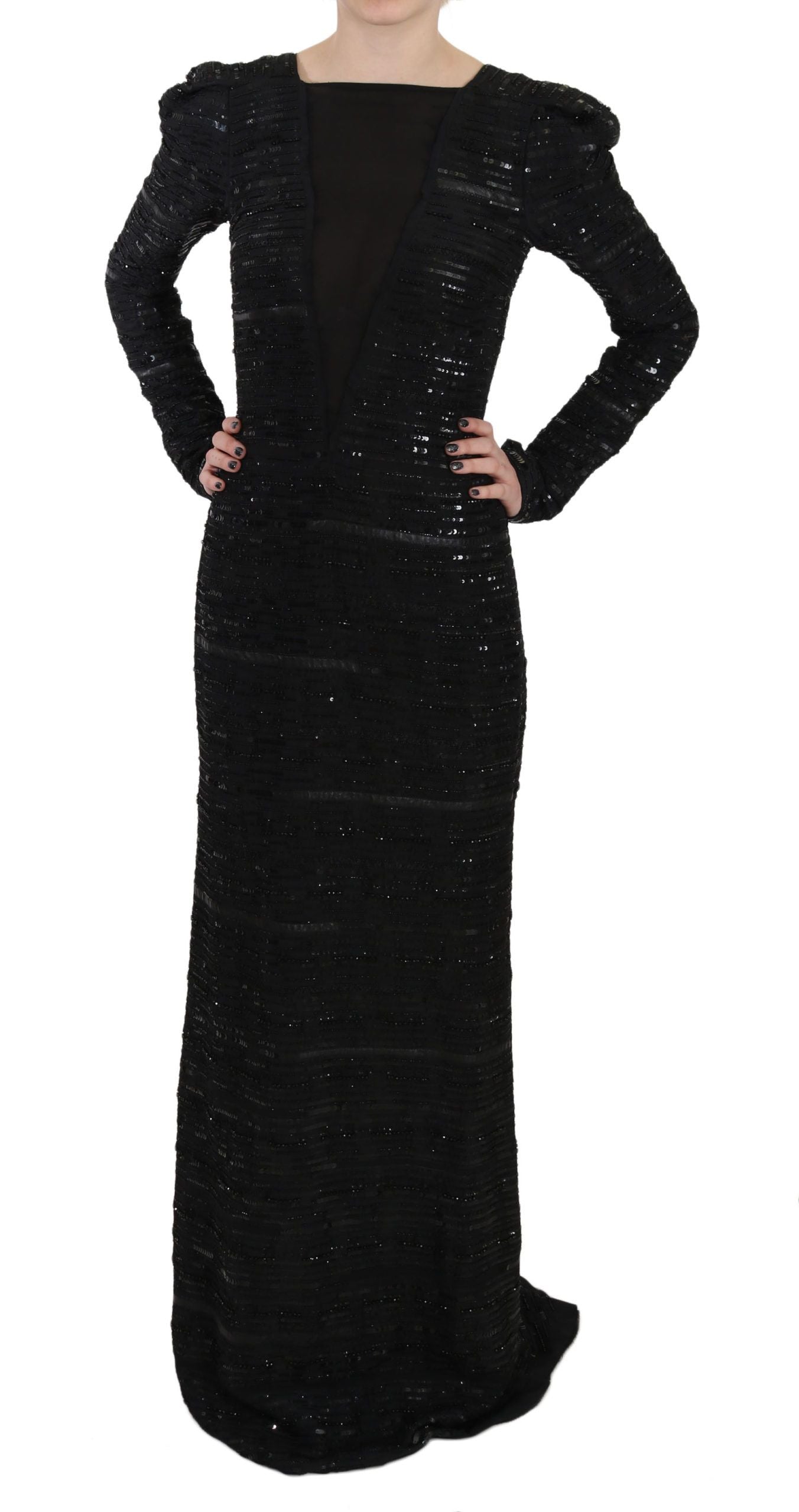 John Richmond Black Silk Full Length Sequined Gown Dress | Regal Royce