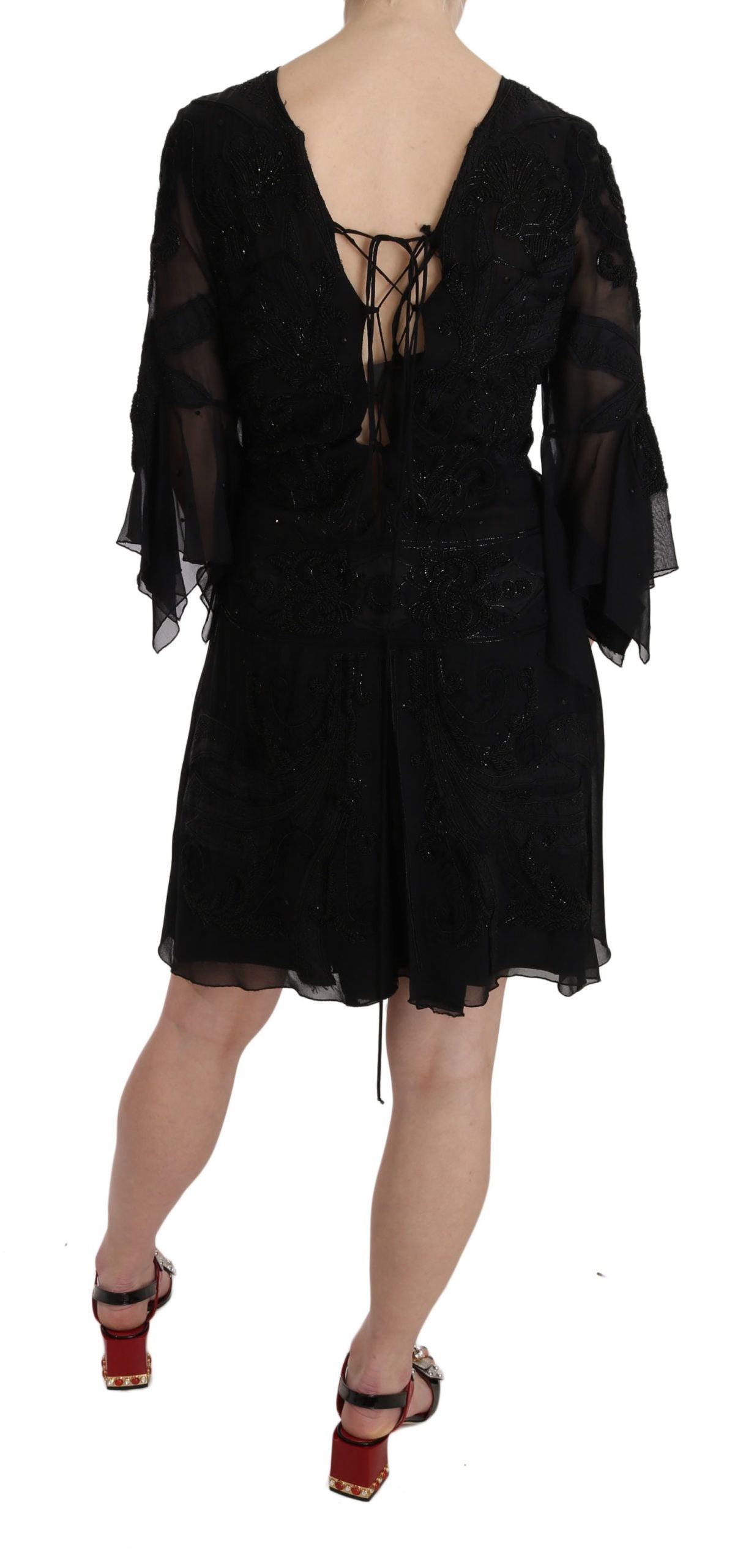 John Richmond Black Sequined Silk Mini Shift Gown | Regal Royce