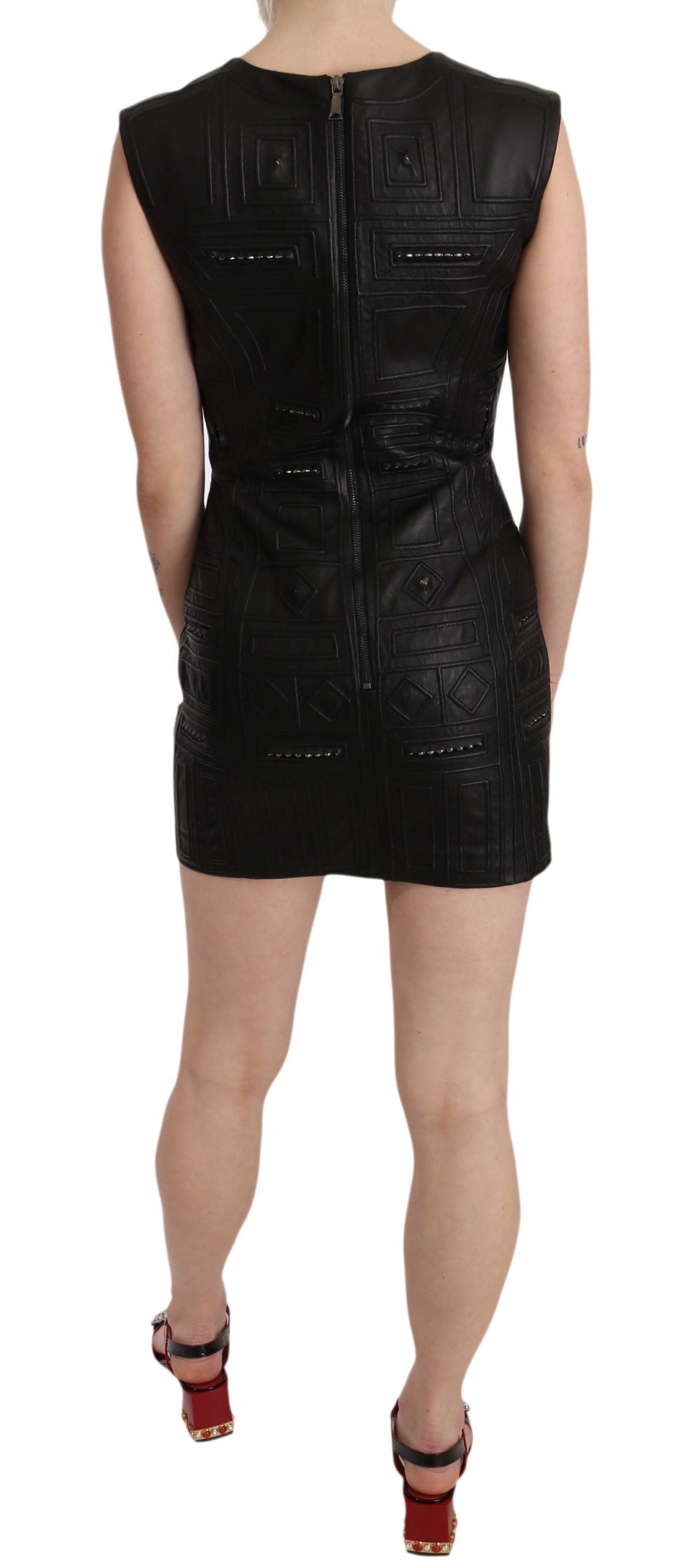 John Richmond Black Leather Studded Mini Shift Dress | Regal Royce
