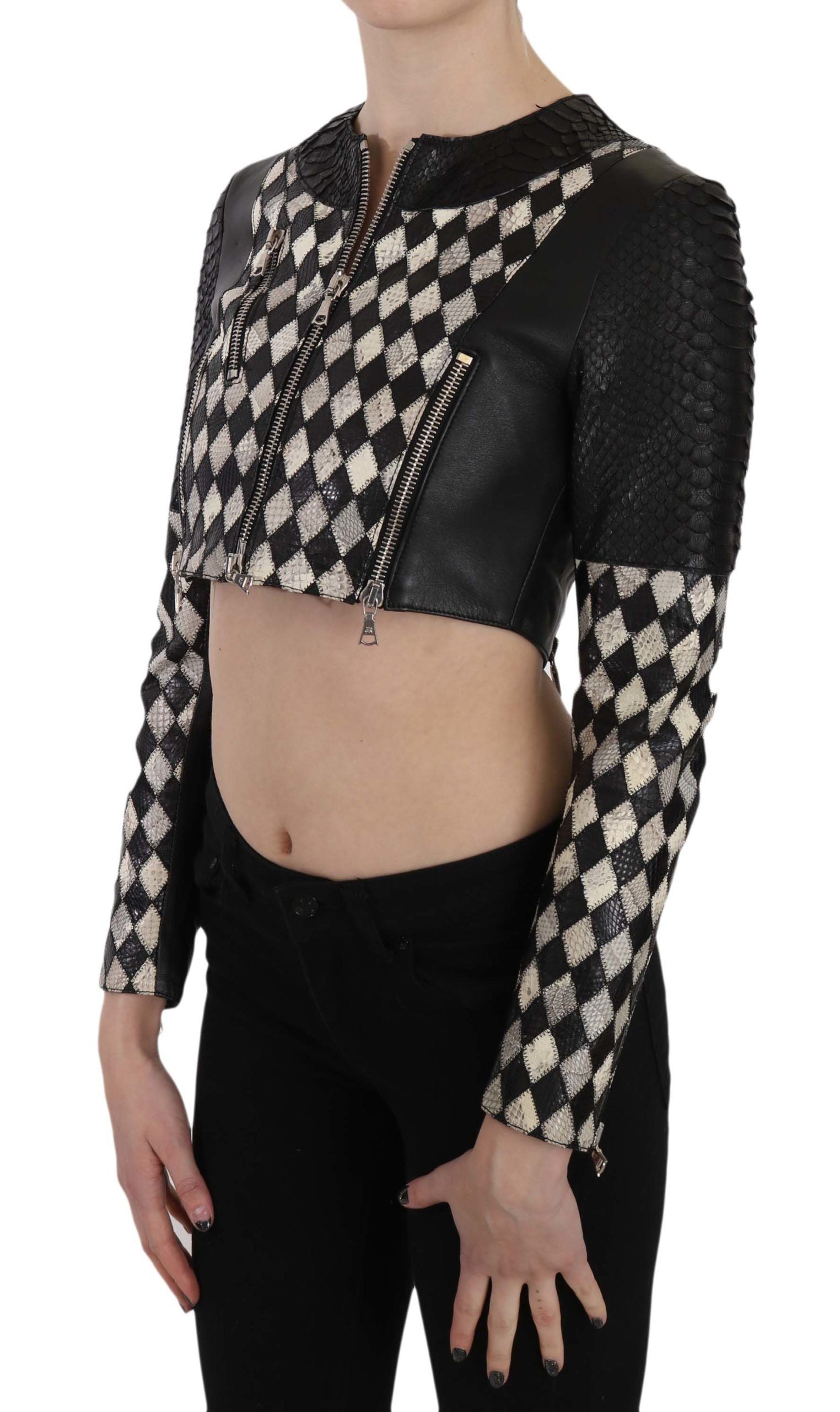 John Richmond Black White Leather Short Cropped Biker Jacket Coat | Regal Royce