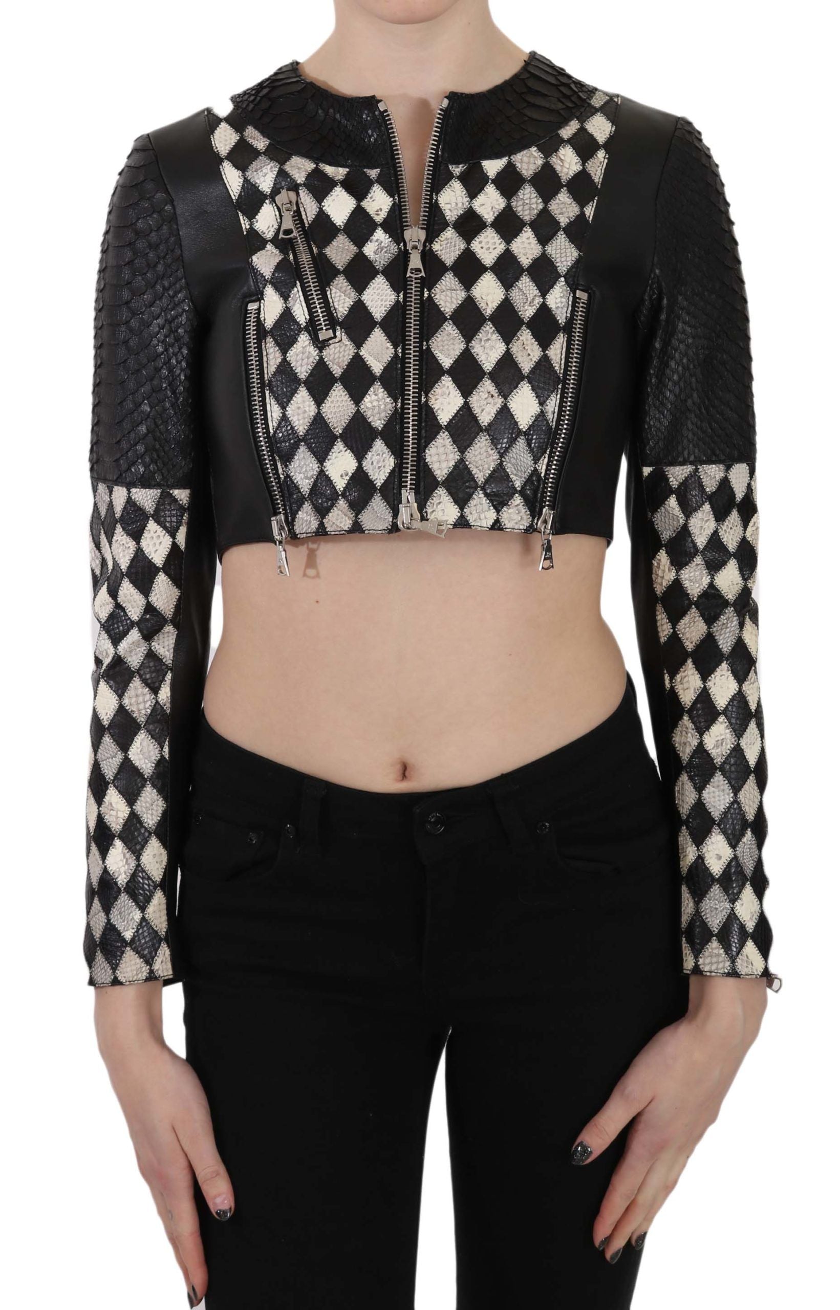 John Richmond Black White Leather Short Cropped Biker Jacket Coat | Regal Royce