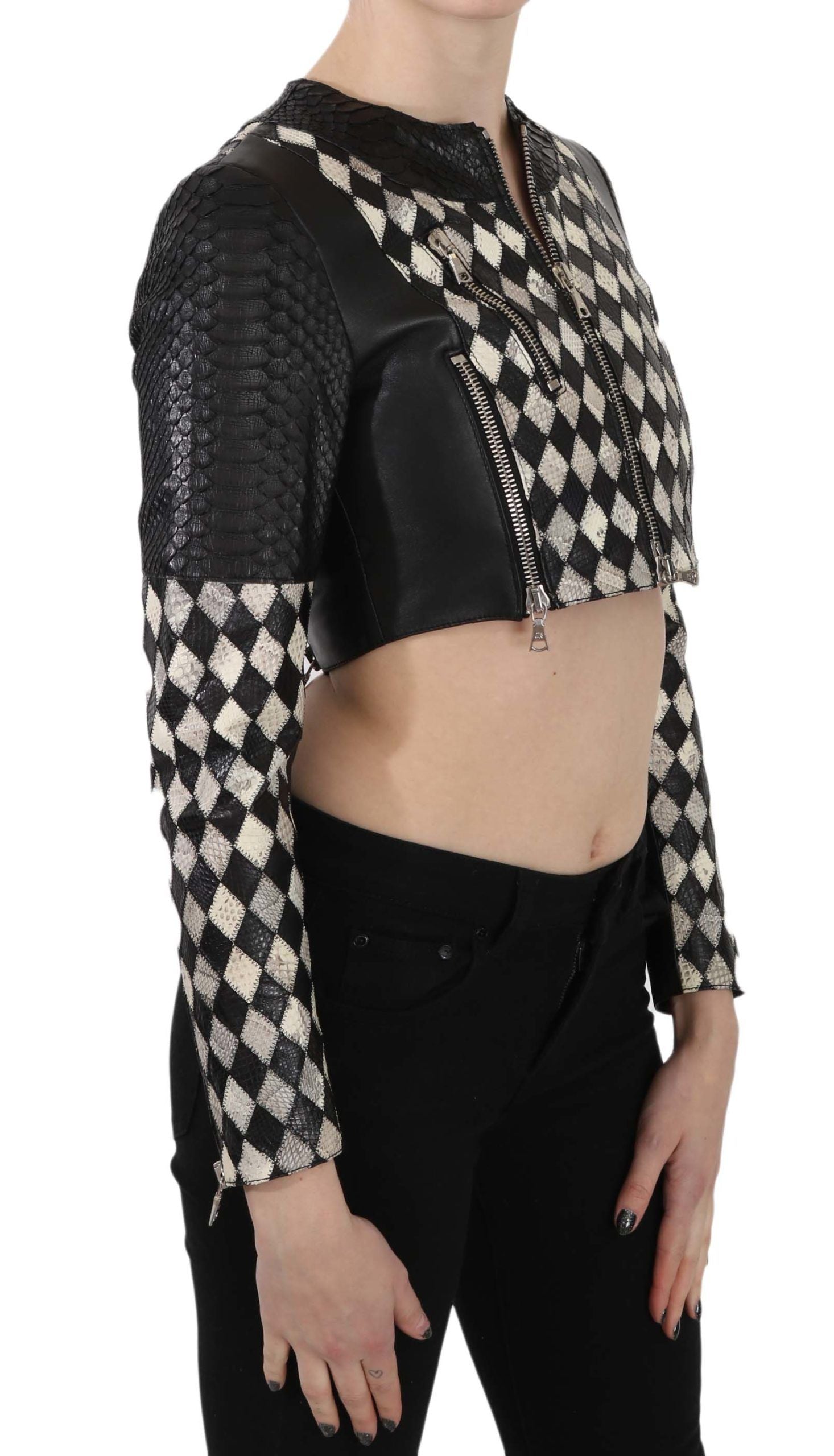 John Richmond Black White Leather Short Cropped Biker Jacket Coat | Regal Royce