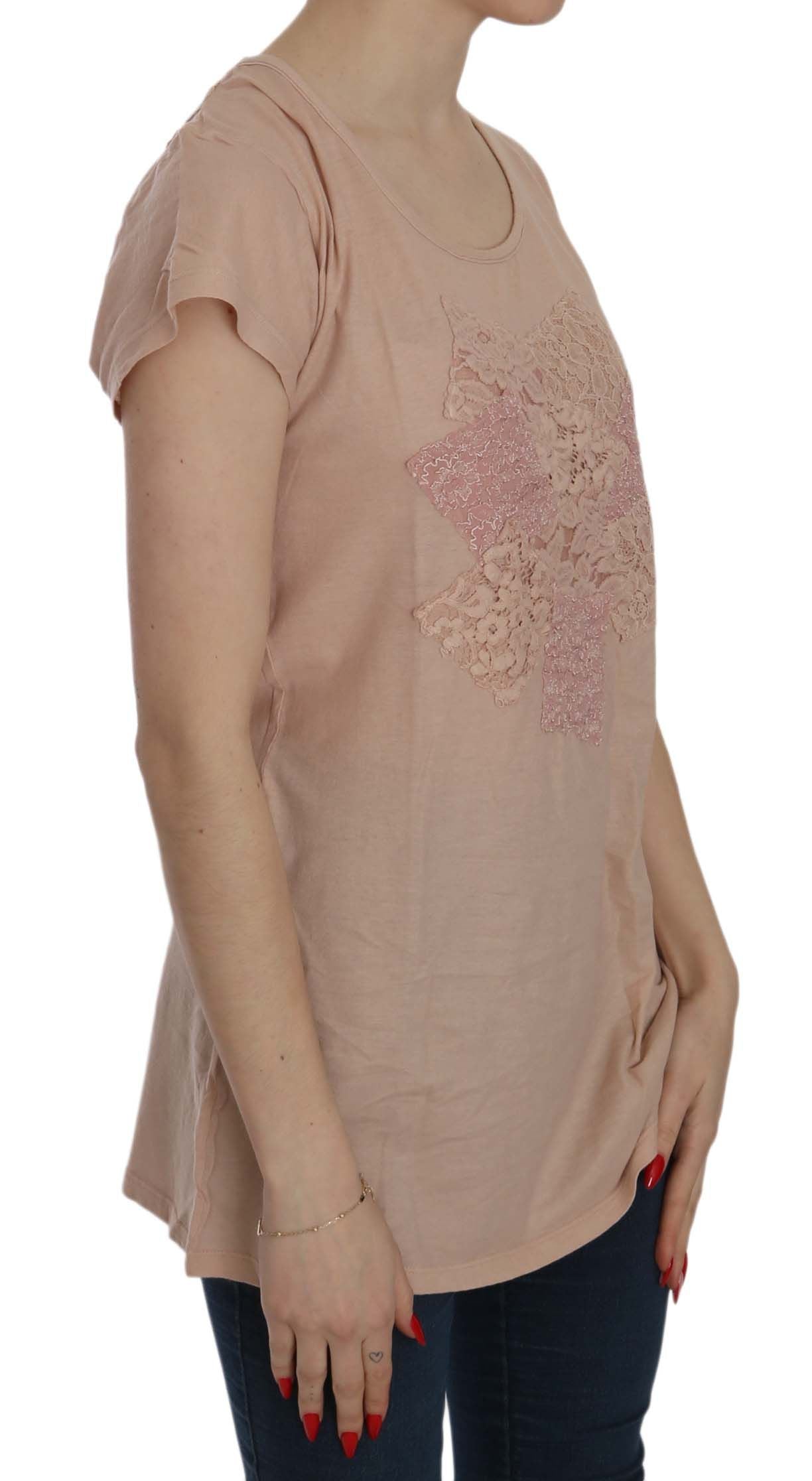 PINK MEMORIES Pink Cream Lace Short Sleeve Shirt Top Cotton Blouse | Regal Royce