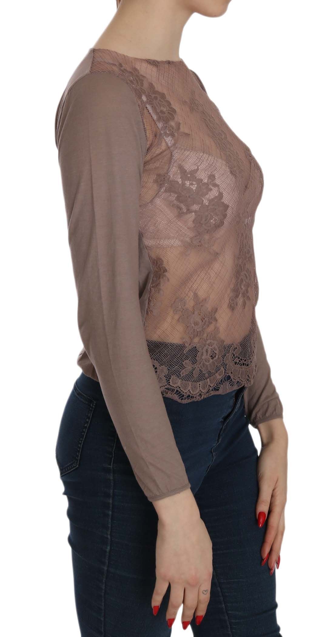 PINK MEMORIES Brown Lace See Through Long Sleeve Top | Regal Royce