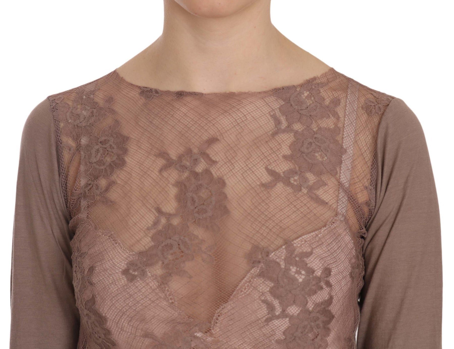 PINK MEMORIES Brown Lace See Through Long Sleeve Top | Regal Royce