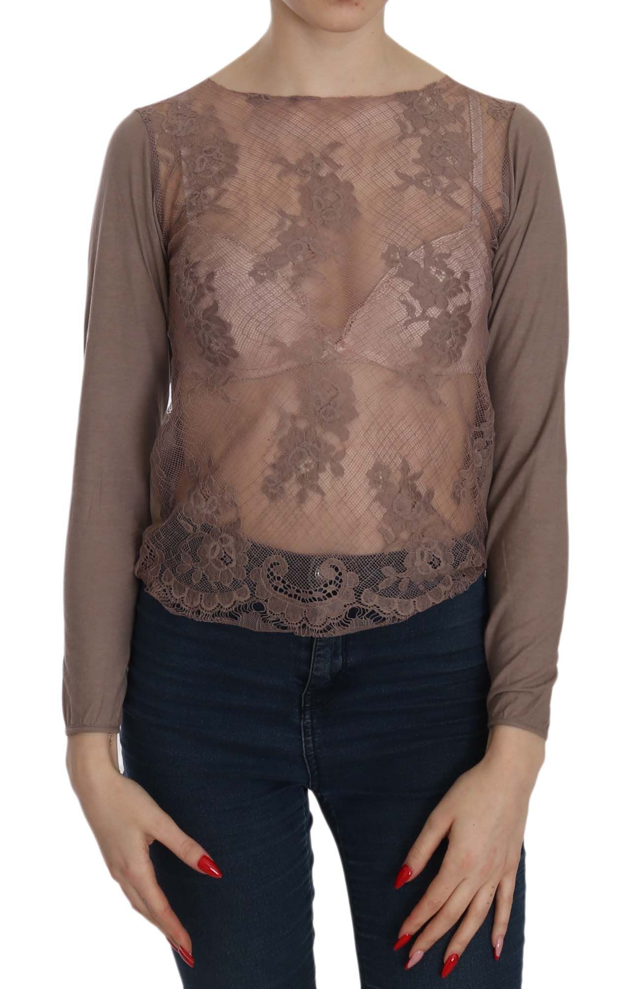 PINK MEMORIES Brown Lace See Through Long Sleeve Top | Regal Royce