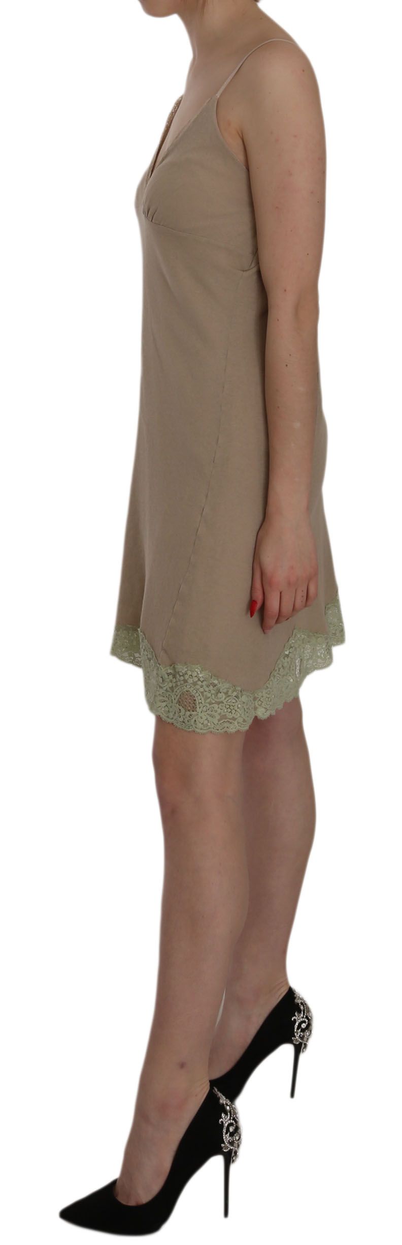 PINK MEMORIES Beige Lace Spaghetti Strap Mini Cotton Dress | Regal Royce
