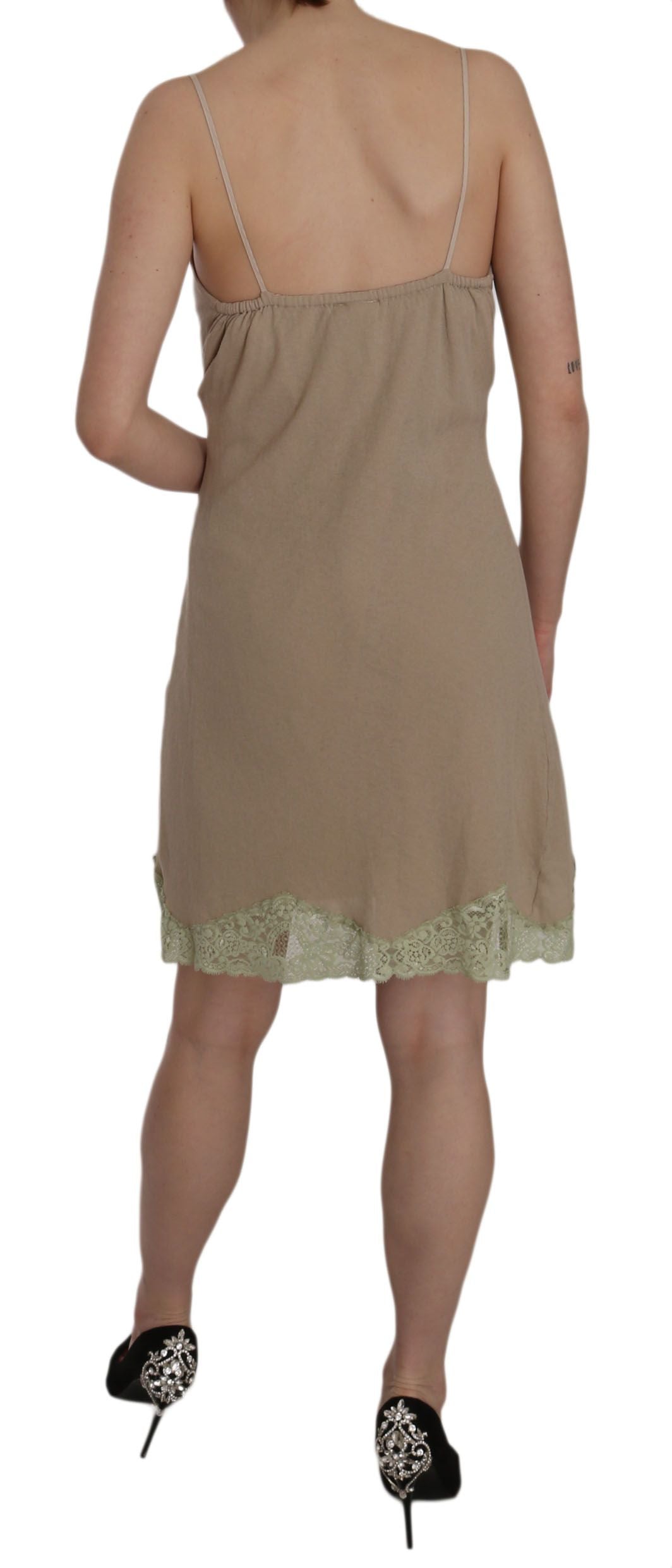 PINK MEMORIES Beige Lace Spaghetti Strap Mini Cotton Dress | Regal Royce