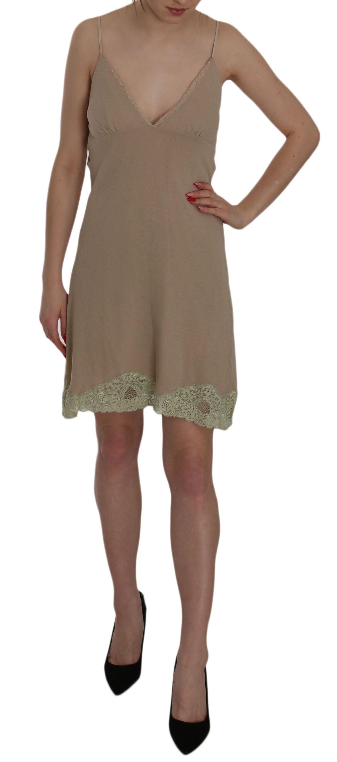 PINK MEMORIES Beige Lace Spaghetti Strap Mini Cotton Dress | Regal Royce