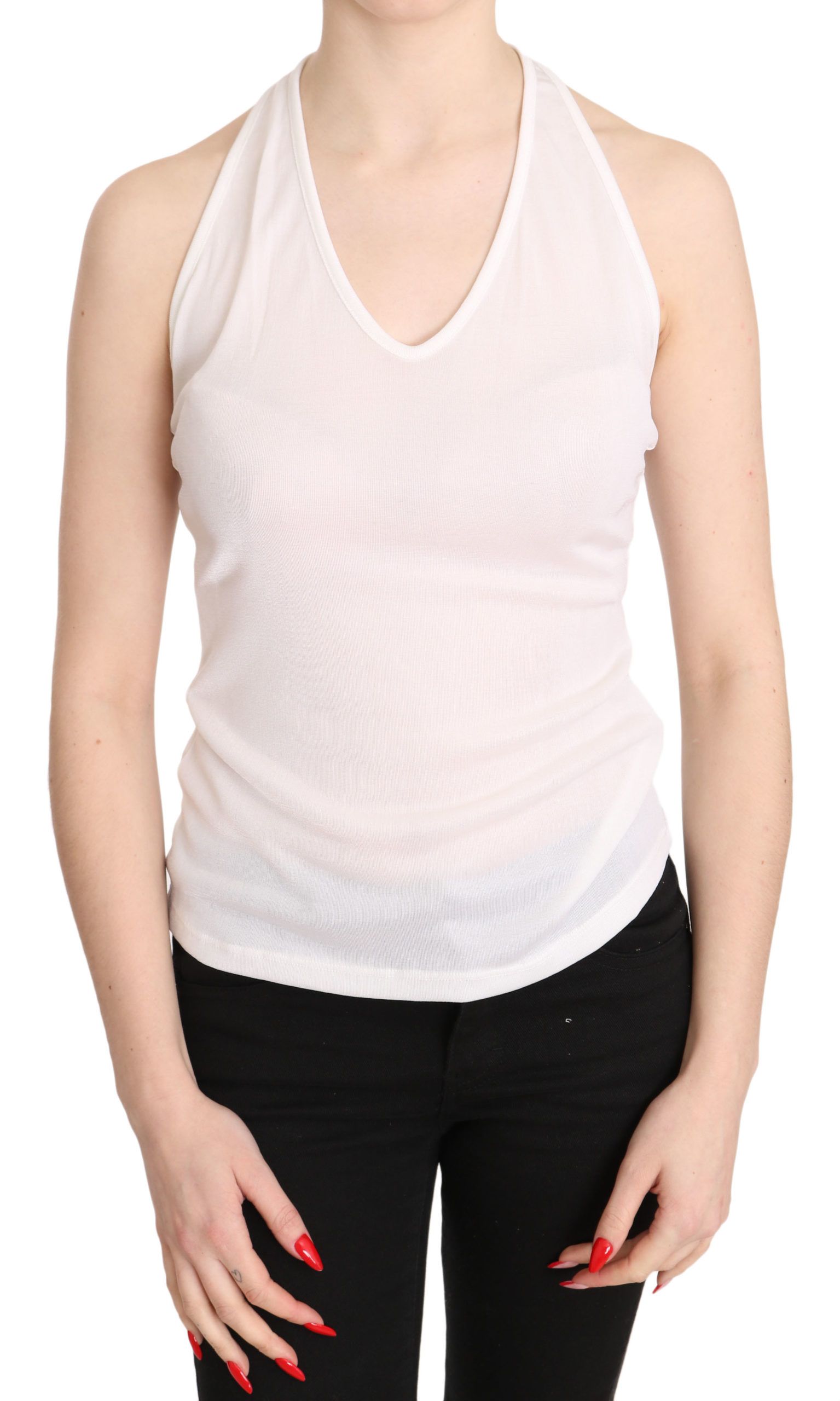 GF Ferre White Halter Cotton Sleeveless Casual Tank Top Blouse | Regal Royce
